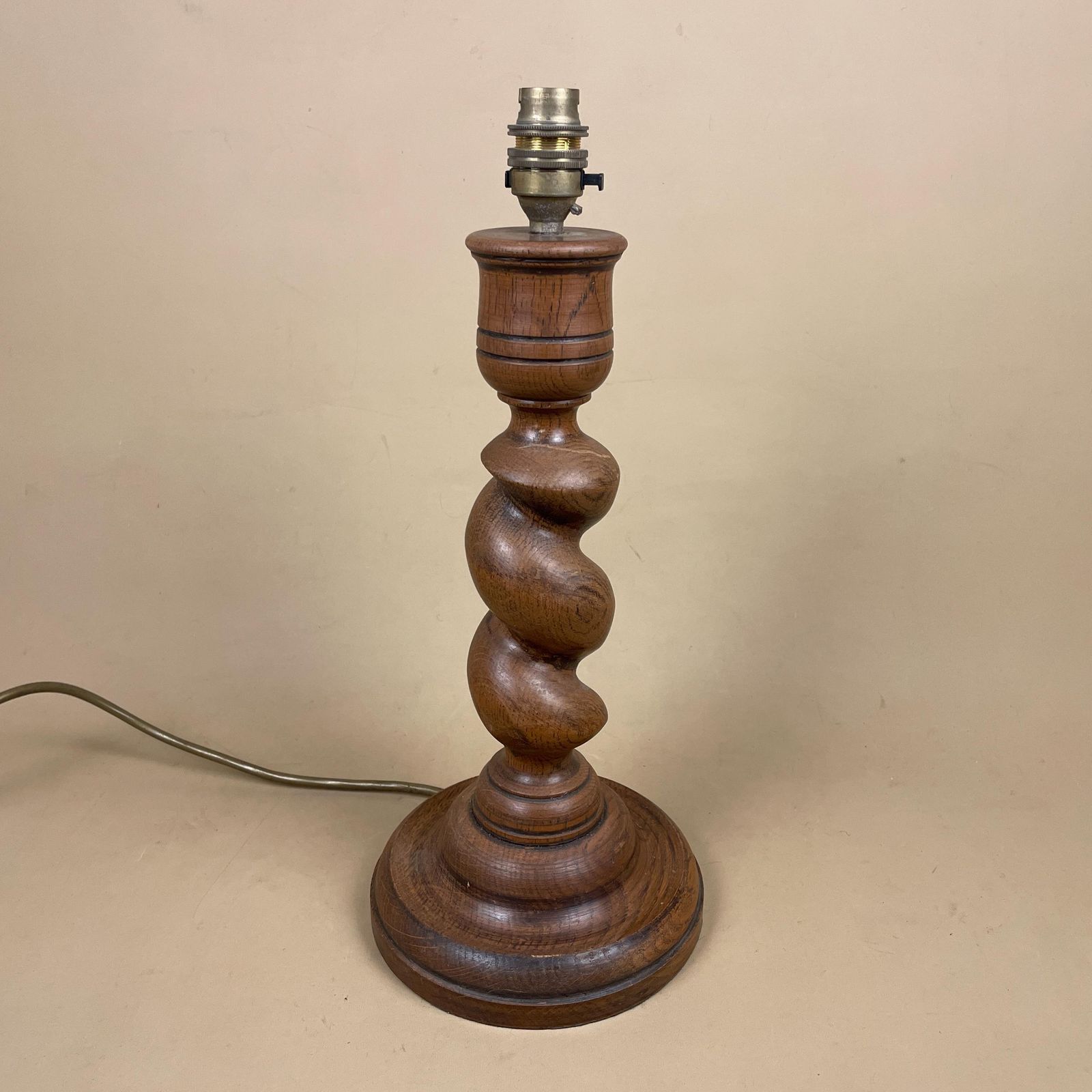 Antique Twisted Wood Lamp Wooden Light Table Brown Twist Ornate Classic Round Base Vintage Side Chunky Cottage Farmhouse photo for sale