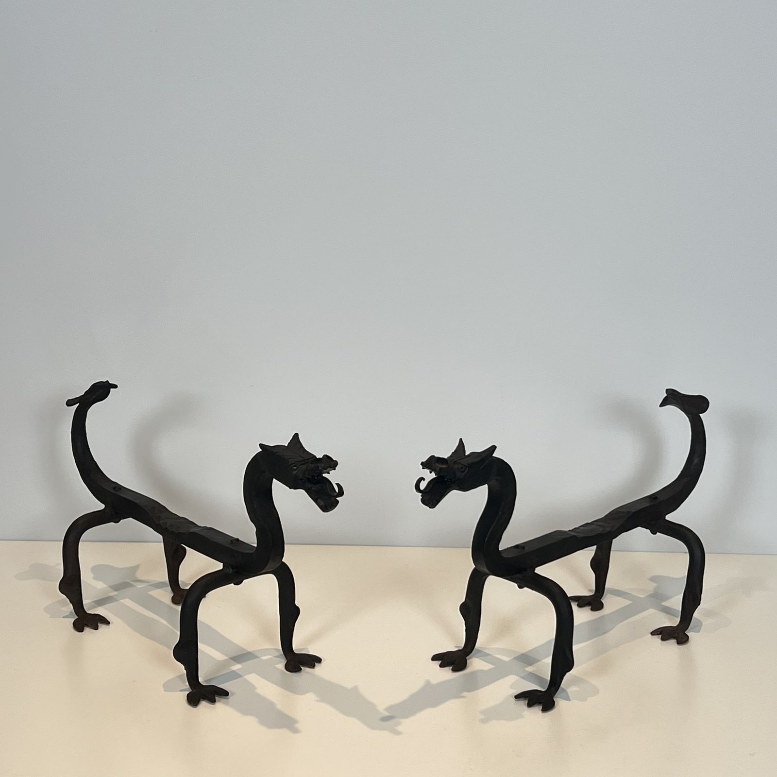 1750.0 Pair Of Wrought Iron Dragon Andirons photo
