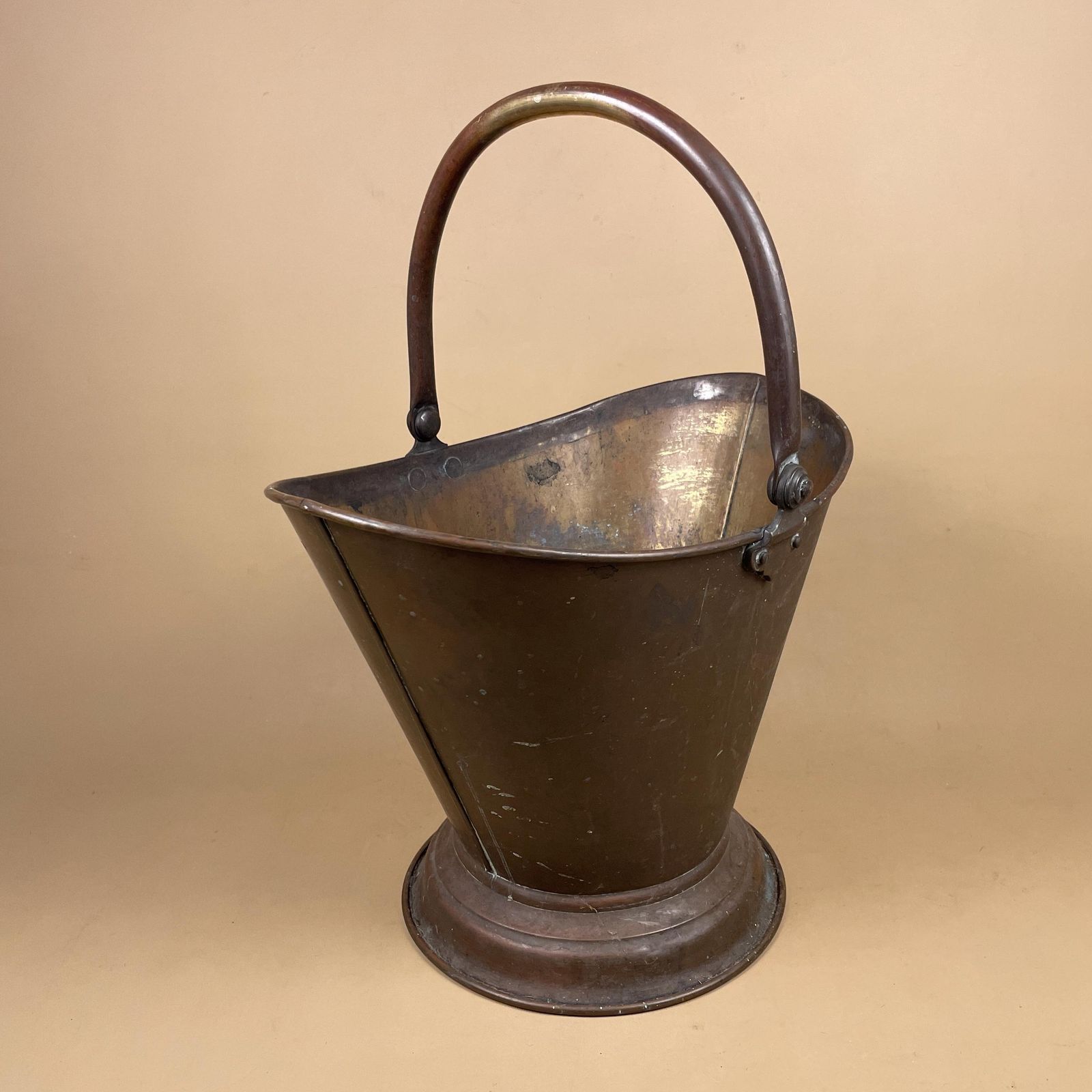 Antique Metal Gold Brass Coal Copper Bucket Handle Fireside Fire Side Scuttle Helmet Farmhouse Cottage Aged Patina Vintage Fireplace Logs photo for sale