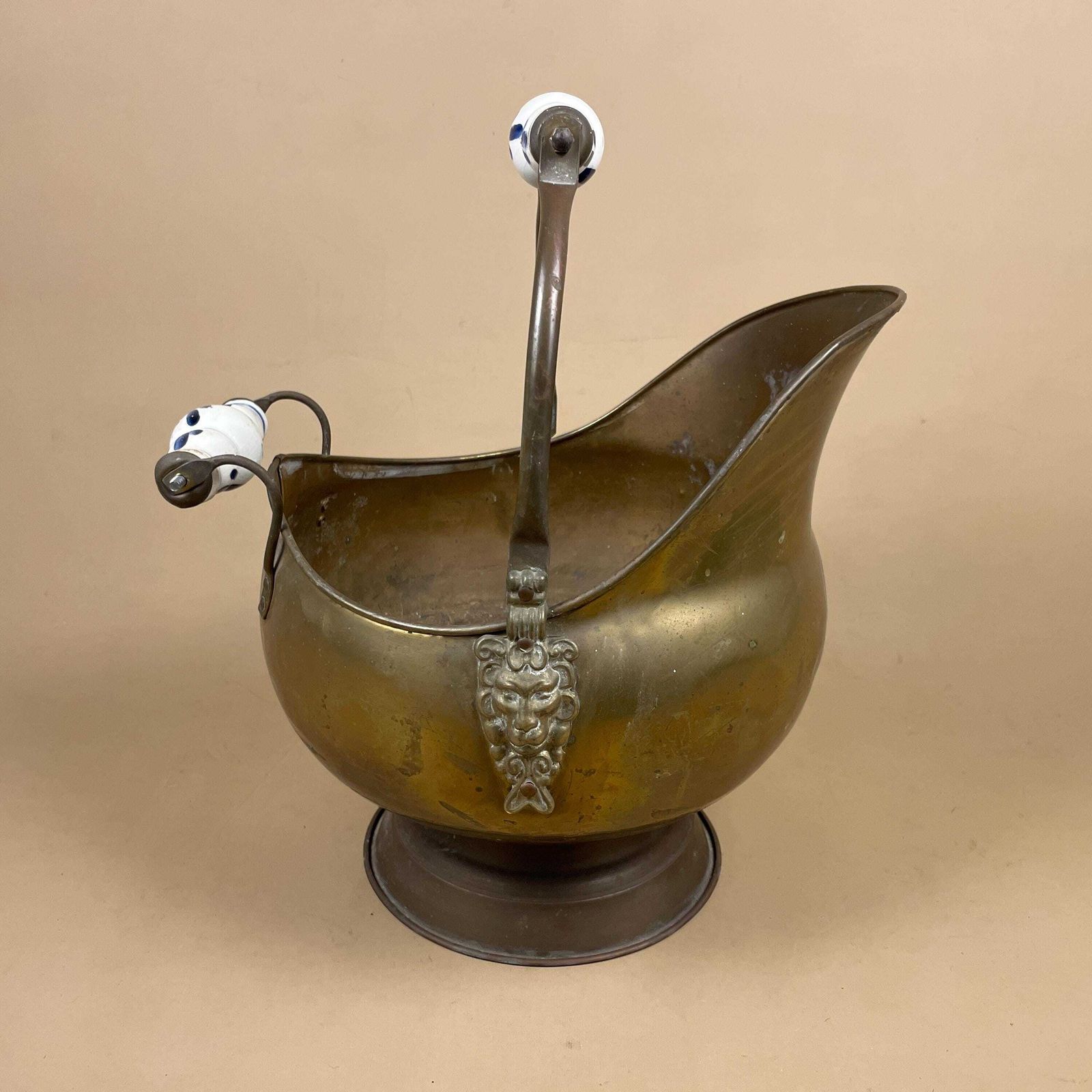 Antique Metal Gold Brass Coal Bucket Handle Fireside Fire Side Scuttle Helmet Farmhouse Vintage Fireplace Ceramic Handle Blue White Ornate photo furniture
