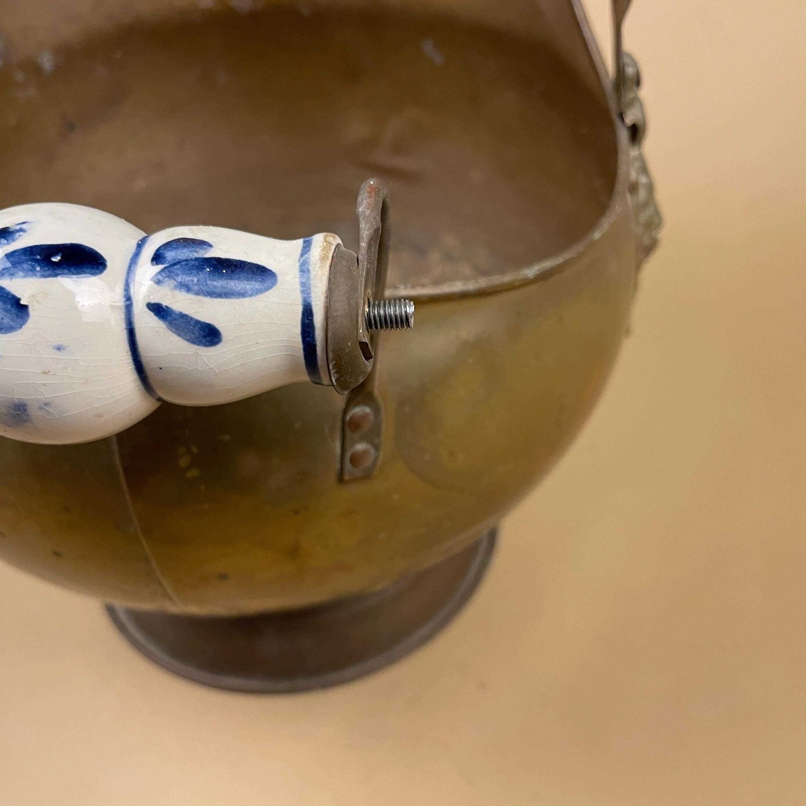 photo for sale Antique Metal Gold Brass Coal Bucket Handle Fireside Fire Side Scuttle Helmet Farmhouse Vintage Fireplace Ceramic Handle Blue White Ornate