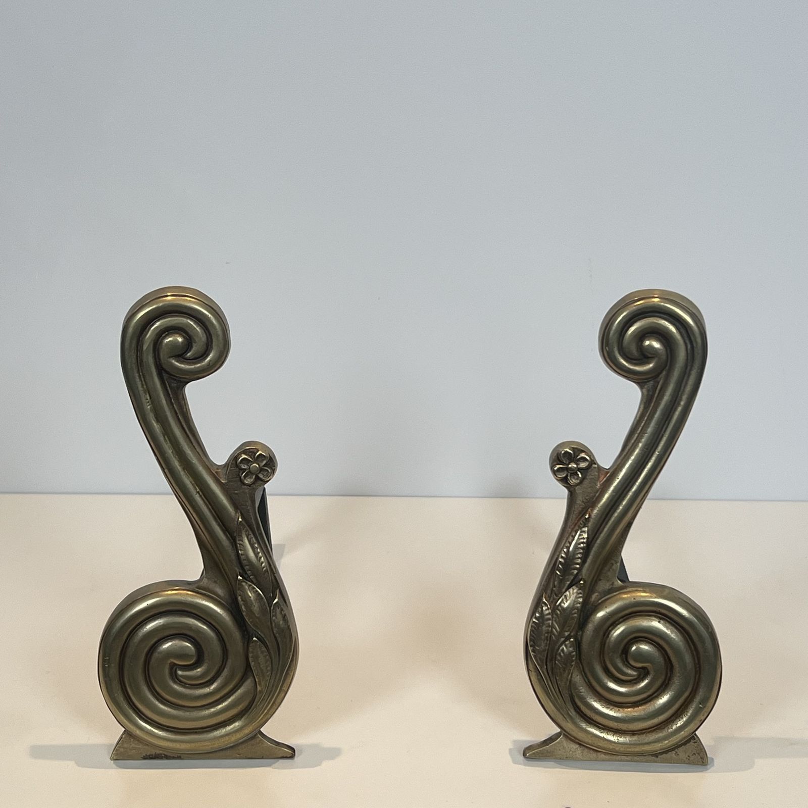 Pair Of Louis XVI Style Andirons In Bronze And Wrought Iron, Signed Armor Din photo for sale