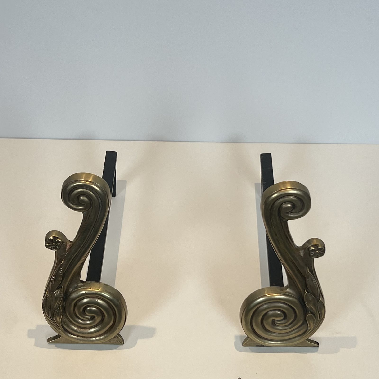 Pair Of Louis XVI Style Andirons In Bronze And Wrought Iron, Signed Armor Din photo buy