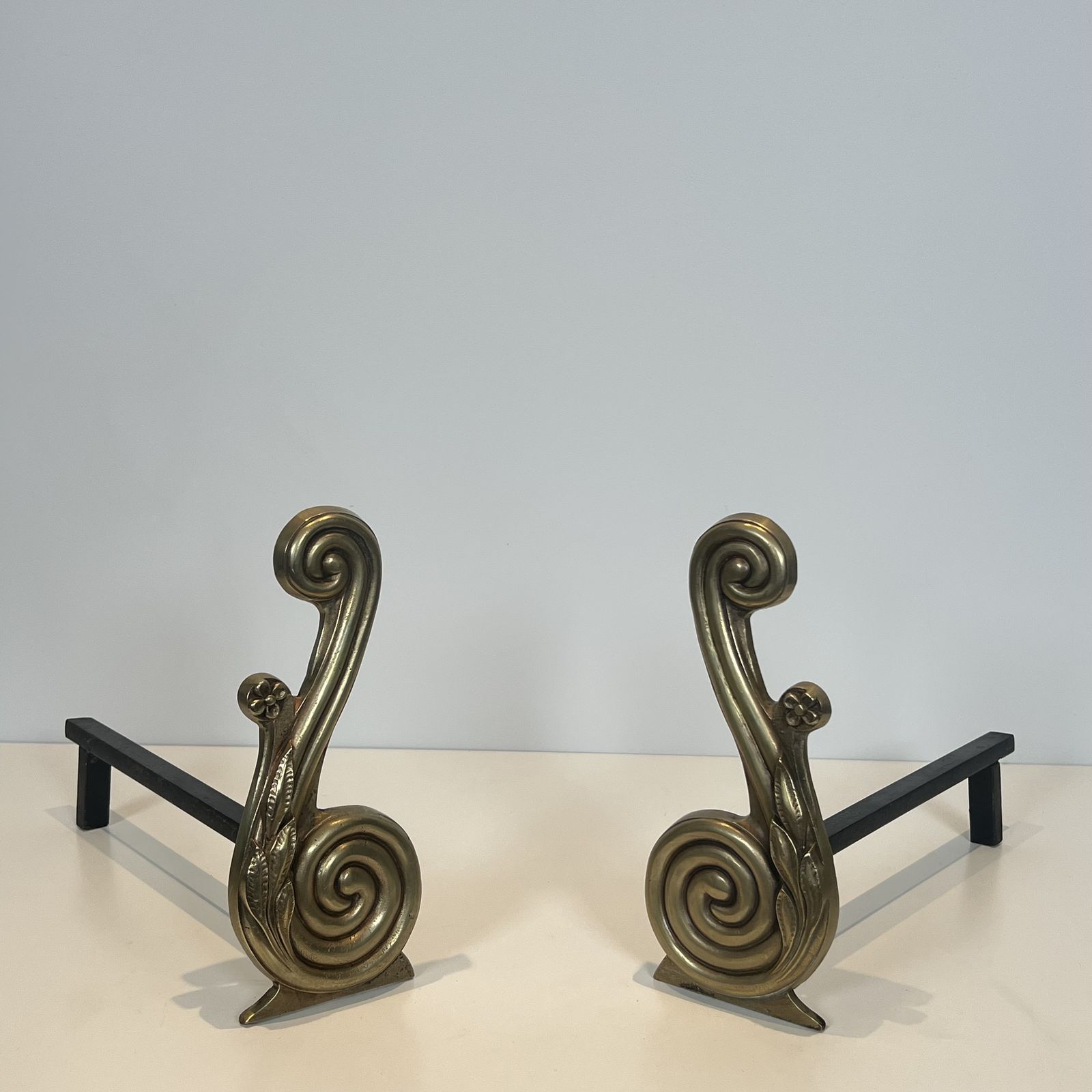 1650.0 Pair Of Louis XVI Style Andirons In Bronze And Wrought Iron, Signed Armor Din photo