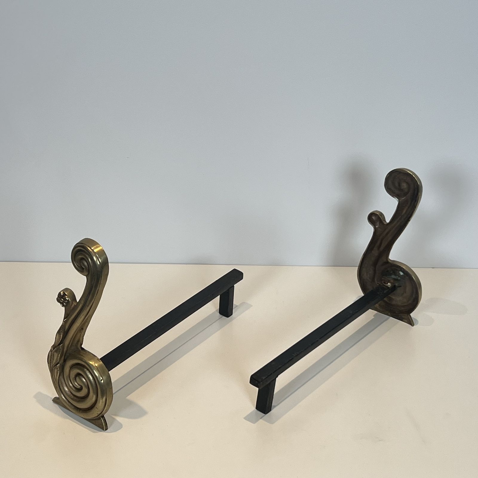 photo vintage Pair Of Louis XVI Style Andirons In Bronze And Wrought Iron, Signed Armor Din
