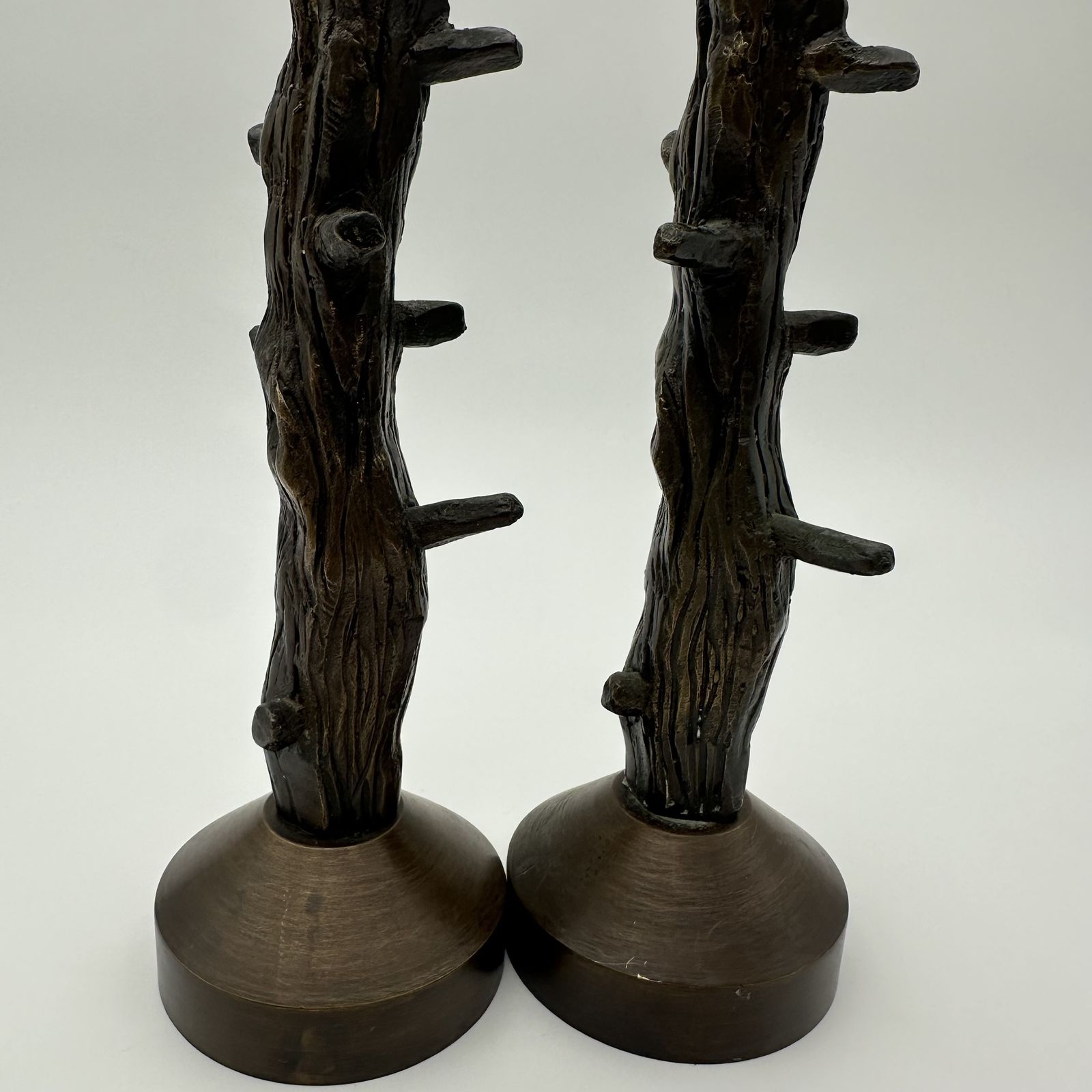 Pair Of Bronze Candlesticks Imitating Wood, Circa 1970 photo vintage