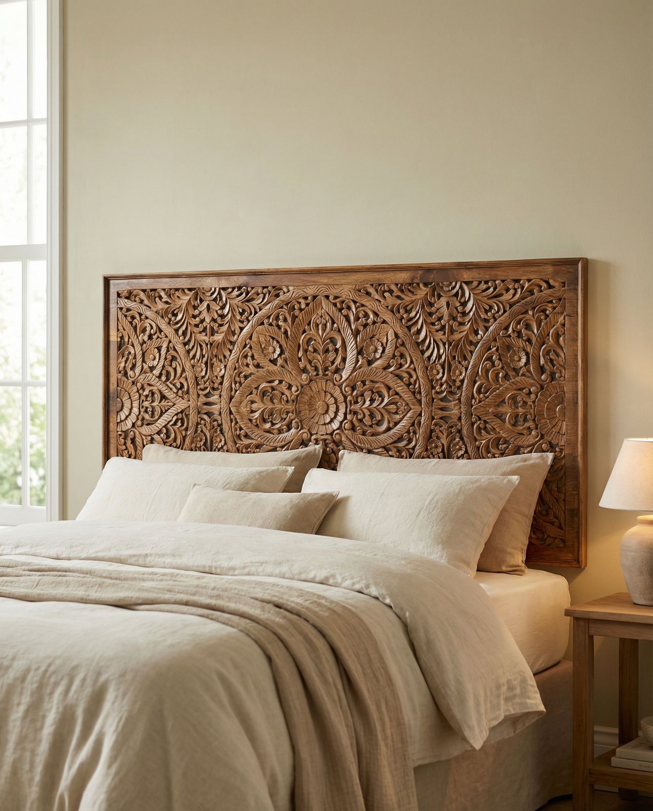 Hand Carved Mango Wood Headboard – Natural Finish Mandala Design photo furniture
