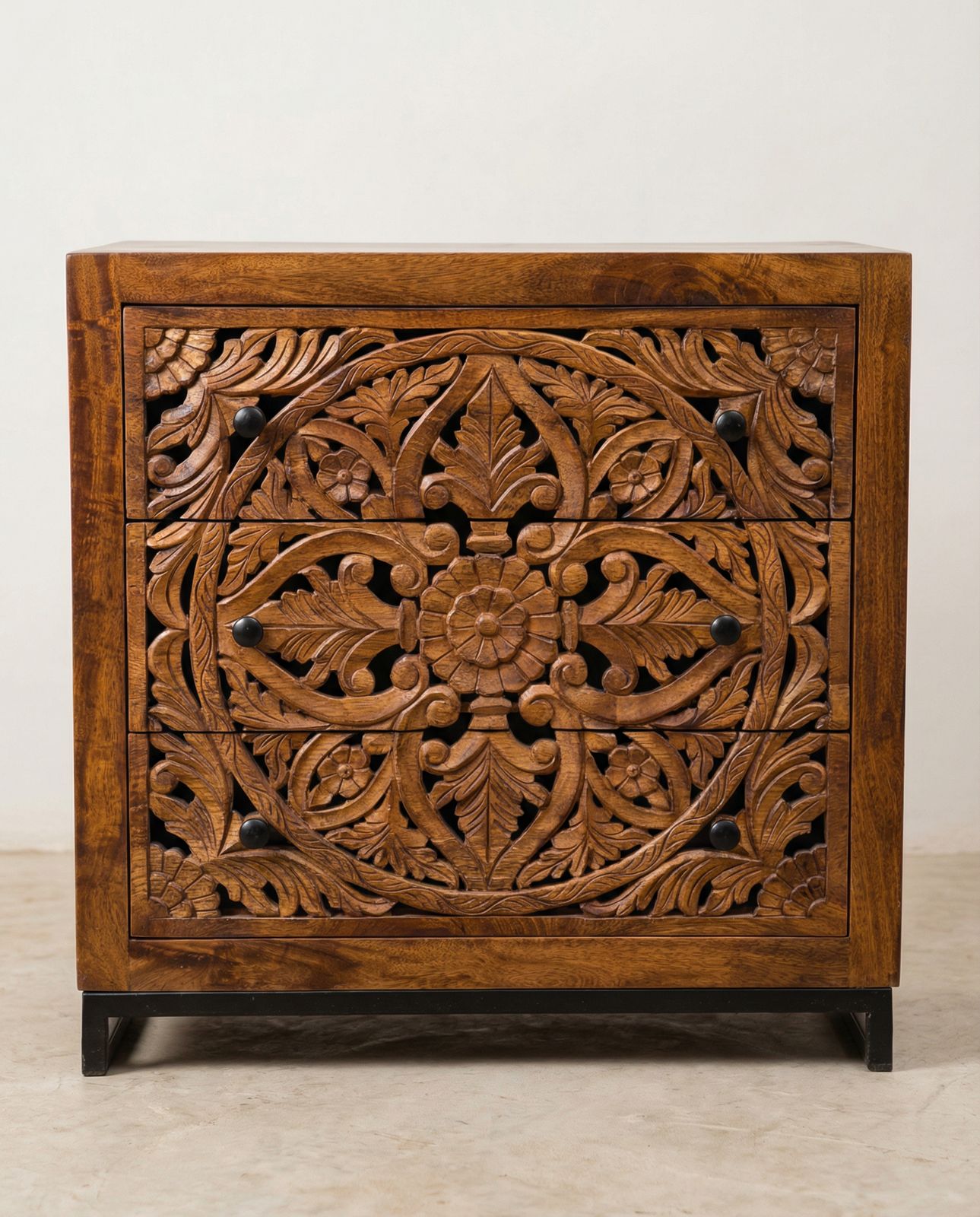 Hand Carved Mango Wood 3 Drawer Chest – Floral Openwork Design