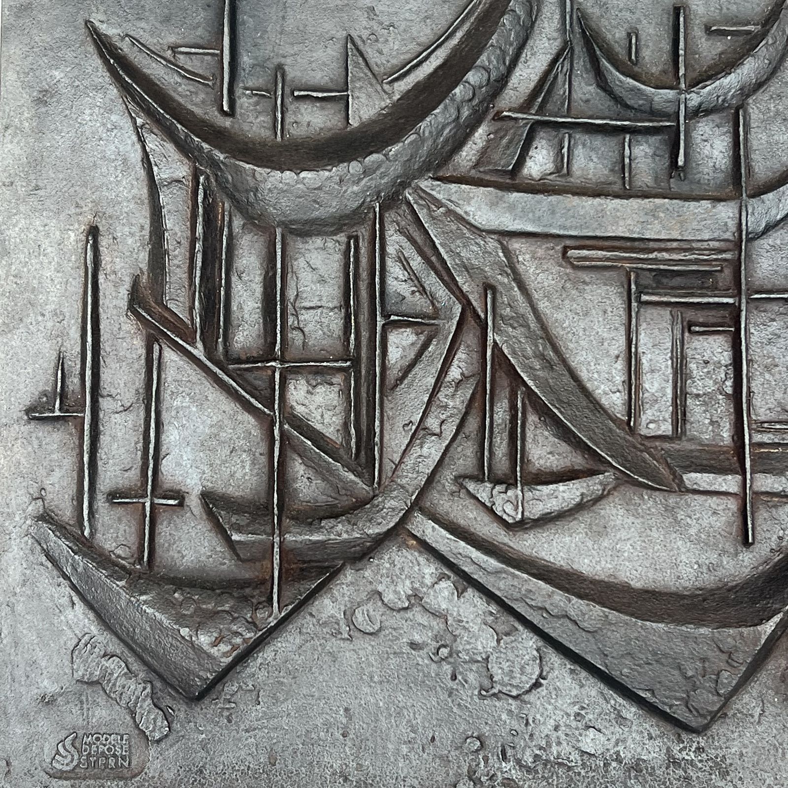 Modernist Cast Iron Fireback "The Sailboats" Signed photo vintage