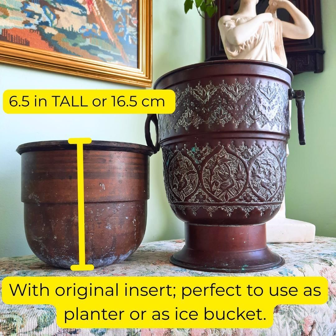 Large Antique Middle Eastern Indian Copper Cauldron Jardiniere With Insert H 10.2'' photo for sale