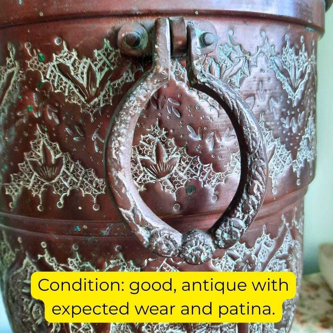 Large Antique Middle Eastern Indian Copper Cauldron Jardiniere With Insert H 10.2'' photo 72.0