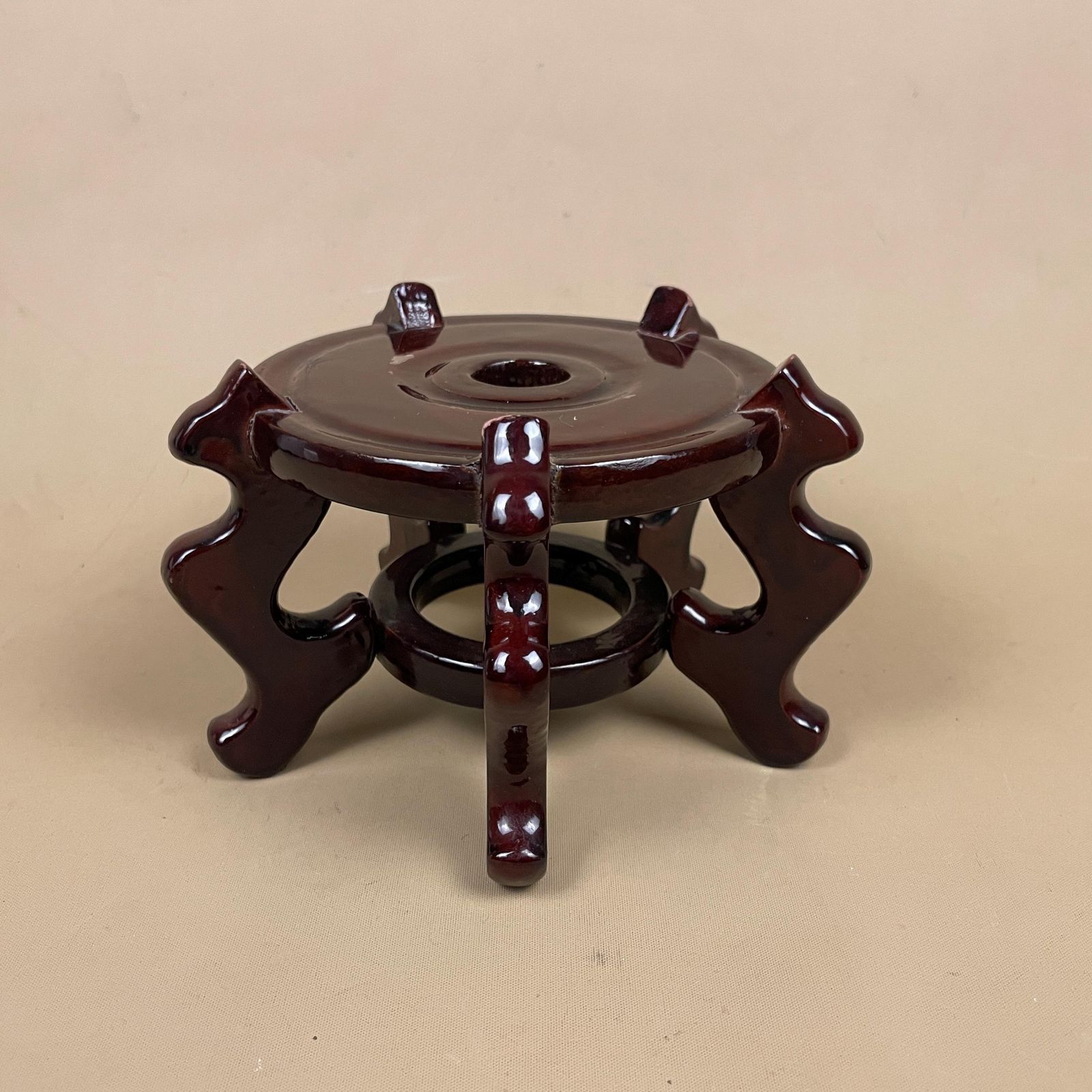 Vintage Wooden Oriental Plant / Pot Stand Round Circle Top Dark Finished Wood Small Asian Style Chinese Table Top Ornament Stand Varnished photo for sale