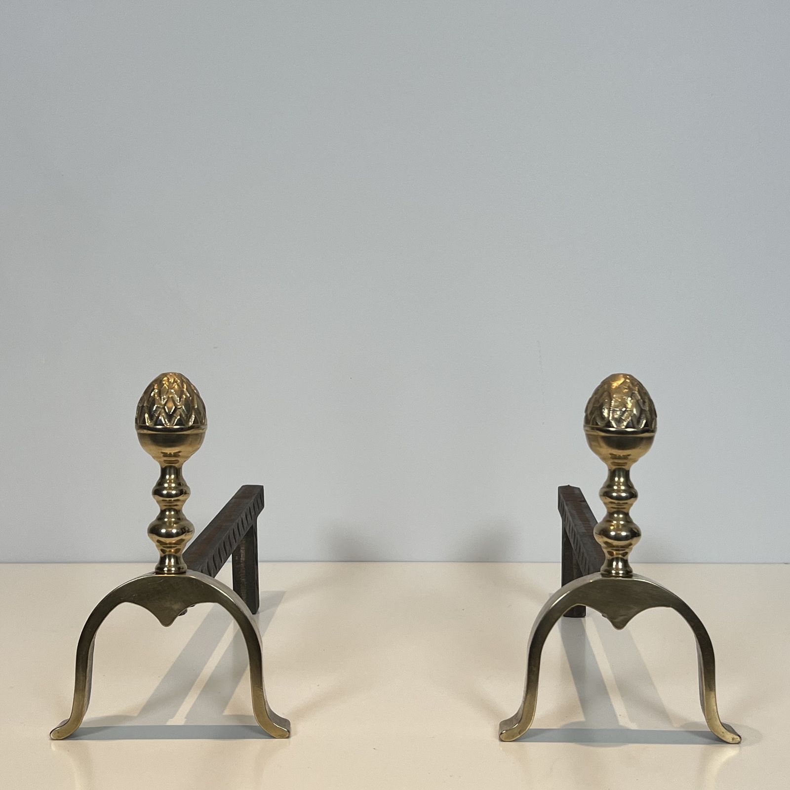 Pair Of Neoclassical Style Brass Andirons With Pine Cones photo furniture
