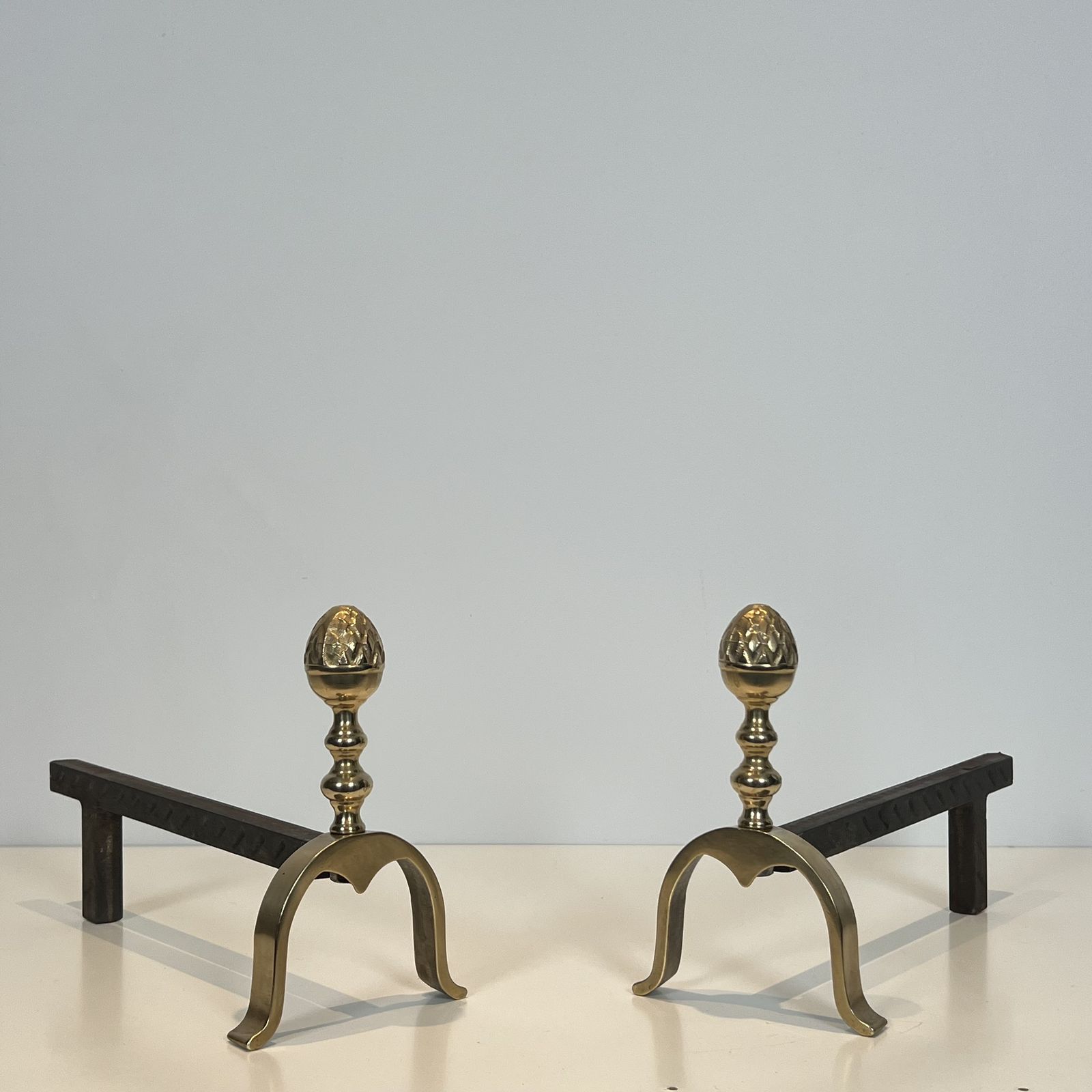 Pair Of Neoclassical Style Brass Andirons With Pine Cones photo Home Fixtures