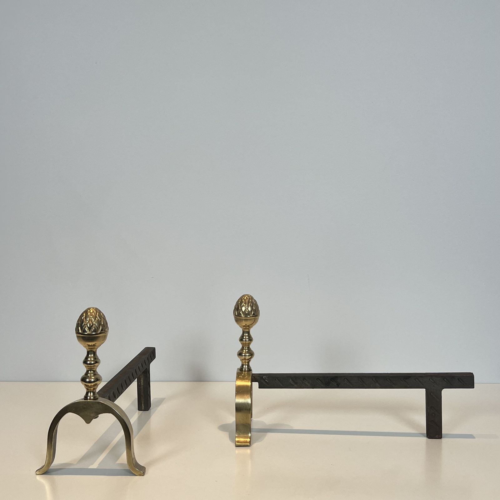Pair Of Neoclassical Style Brass Andirons With Pine Cones photo 1250.0