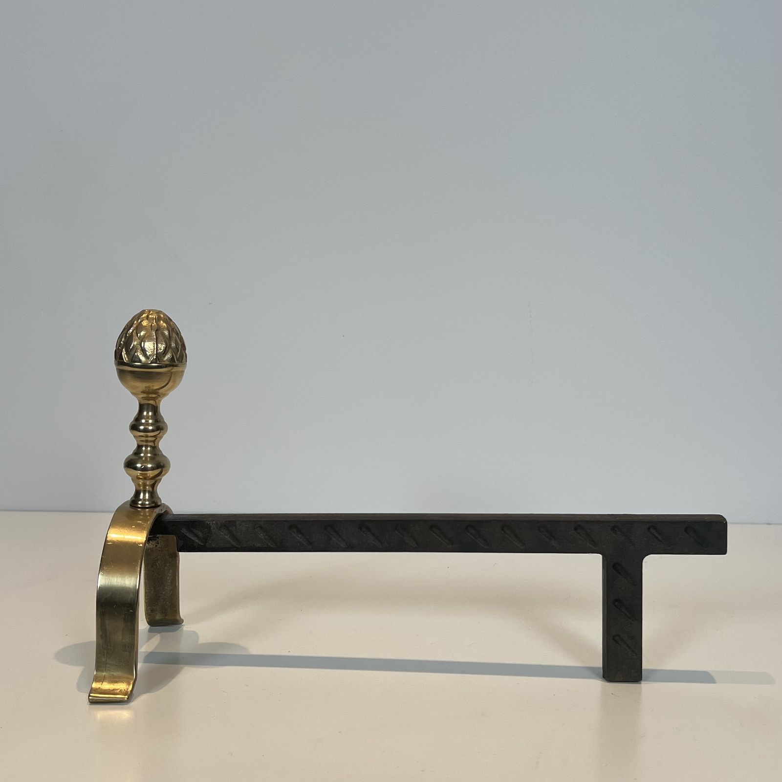 photo furniture Pair Of Neoclassical Style Brass Andirons With Pine Cones