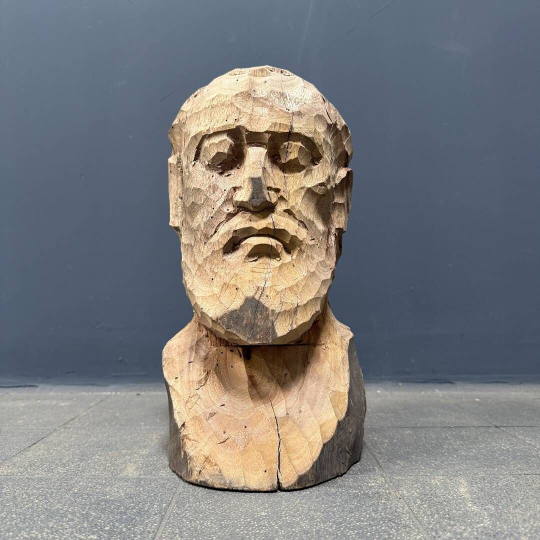 Houten Sculptuur Van Een Mannenhoofd Of Buste Met Baard