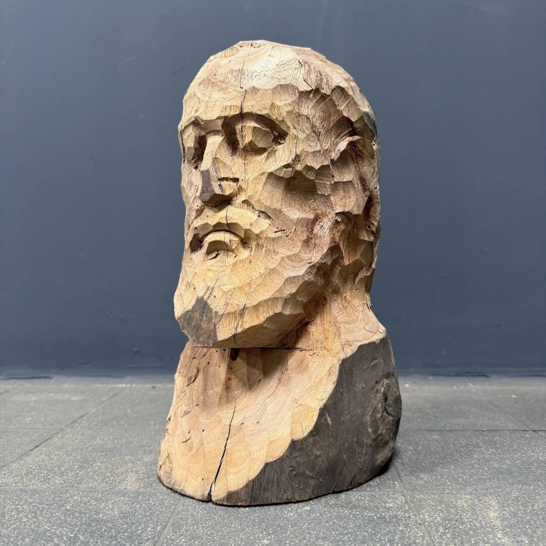 A Wooden Carving Of A Man's Head Or Bust With A Beard photo 159.0