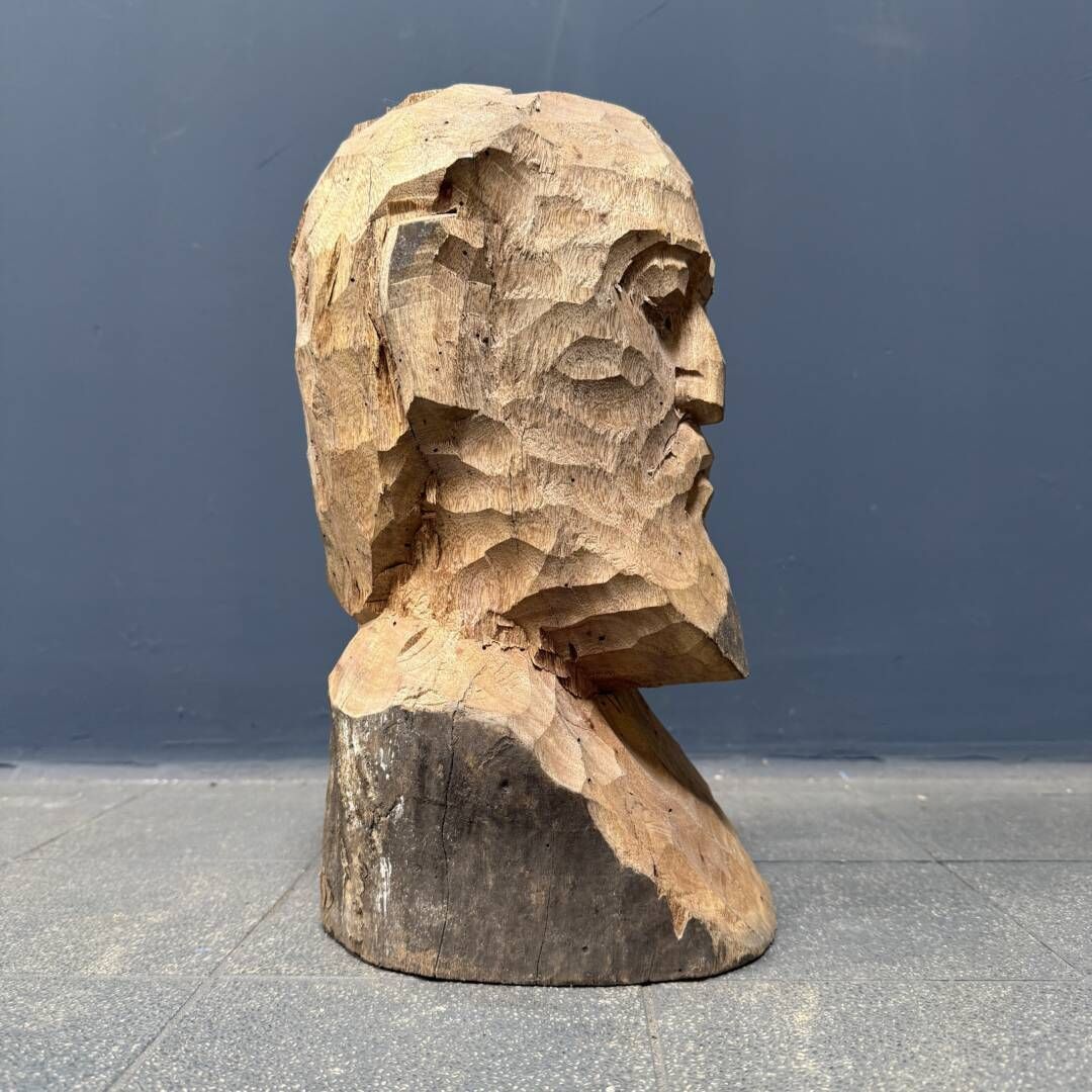 A Wooden Carving Of A Man's Head Or Bust With A Beard photo buy