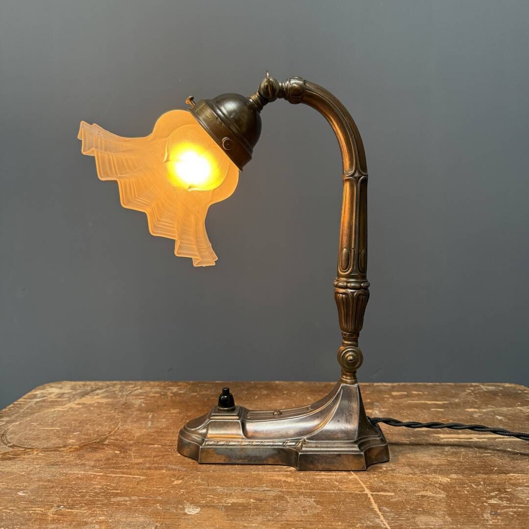 Antique Art Nouveau Table Lamp With Frosted Glass Shade photo Lighting