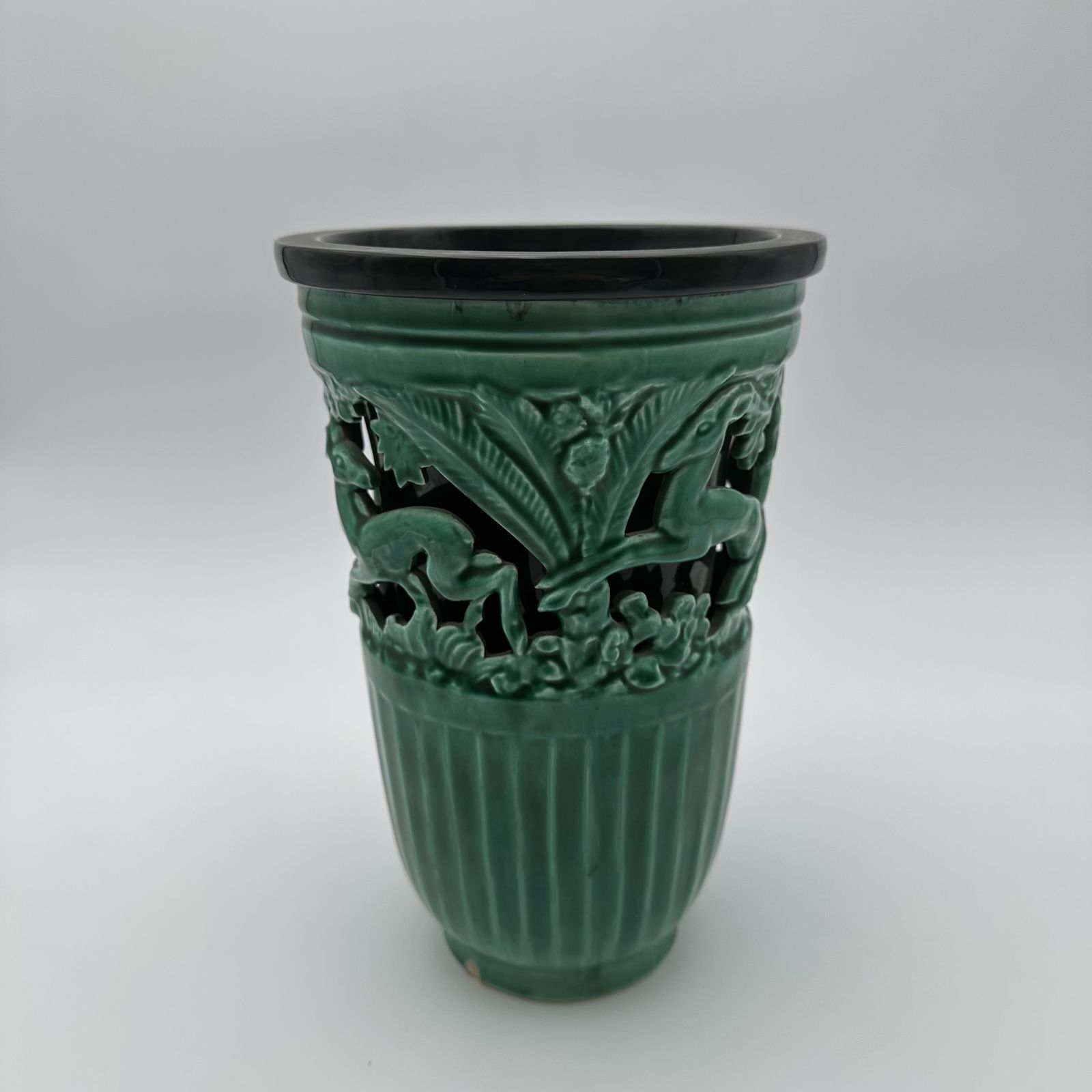 750.0 Green Ceramic Vase Decorated With Deer – Signed By Sainte Radegonde, Circa 1970 photo