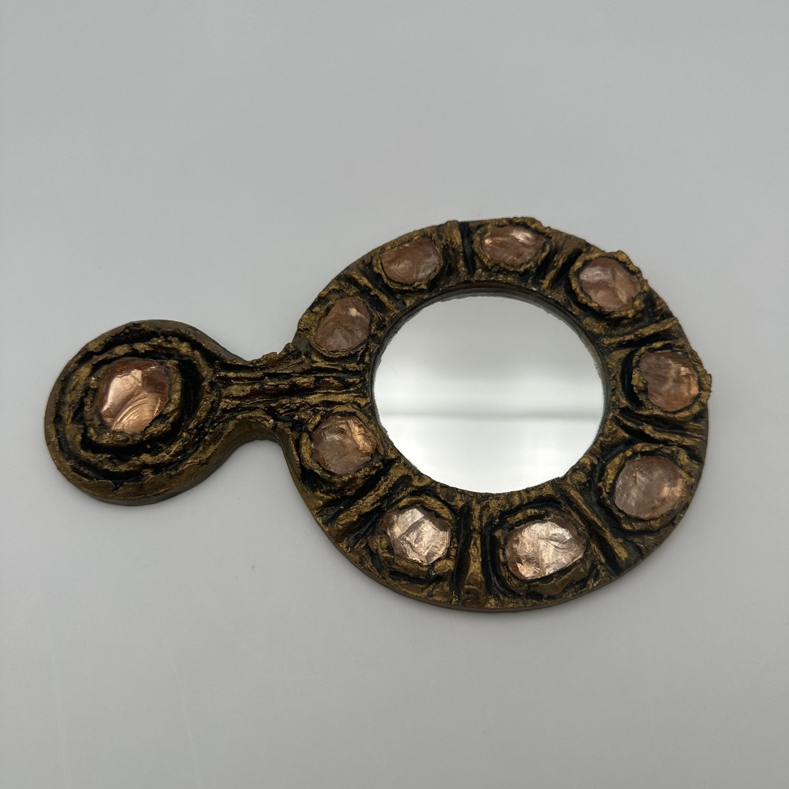 Hand Mirror In Gilded Metal, In The Style Of Line Vautrin – Italian Work Circa 1970 photo vinterior