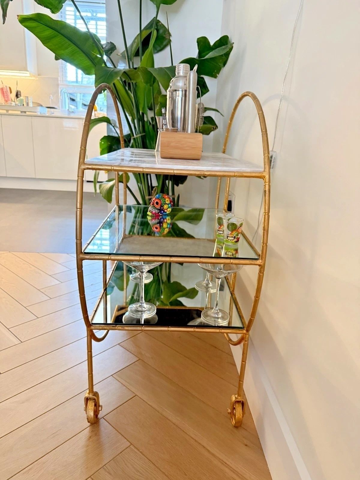 Oliver Bonas Luxe Round Bamboo Gold Drinks Trolley / Bar Cart photo furniture