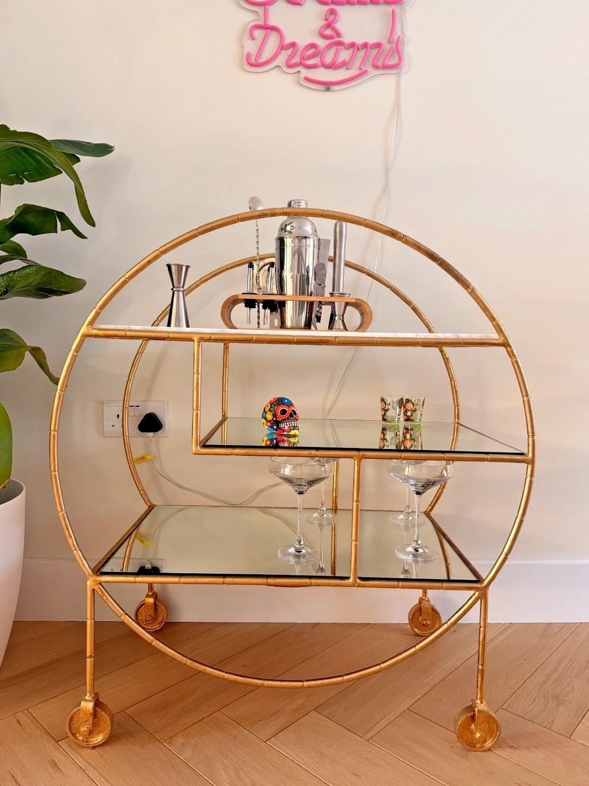 Oliver Bonas Luxe Round Bamboo Gold Drinks Trolley / Bar Cart photo Furniture