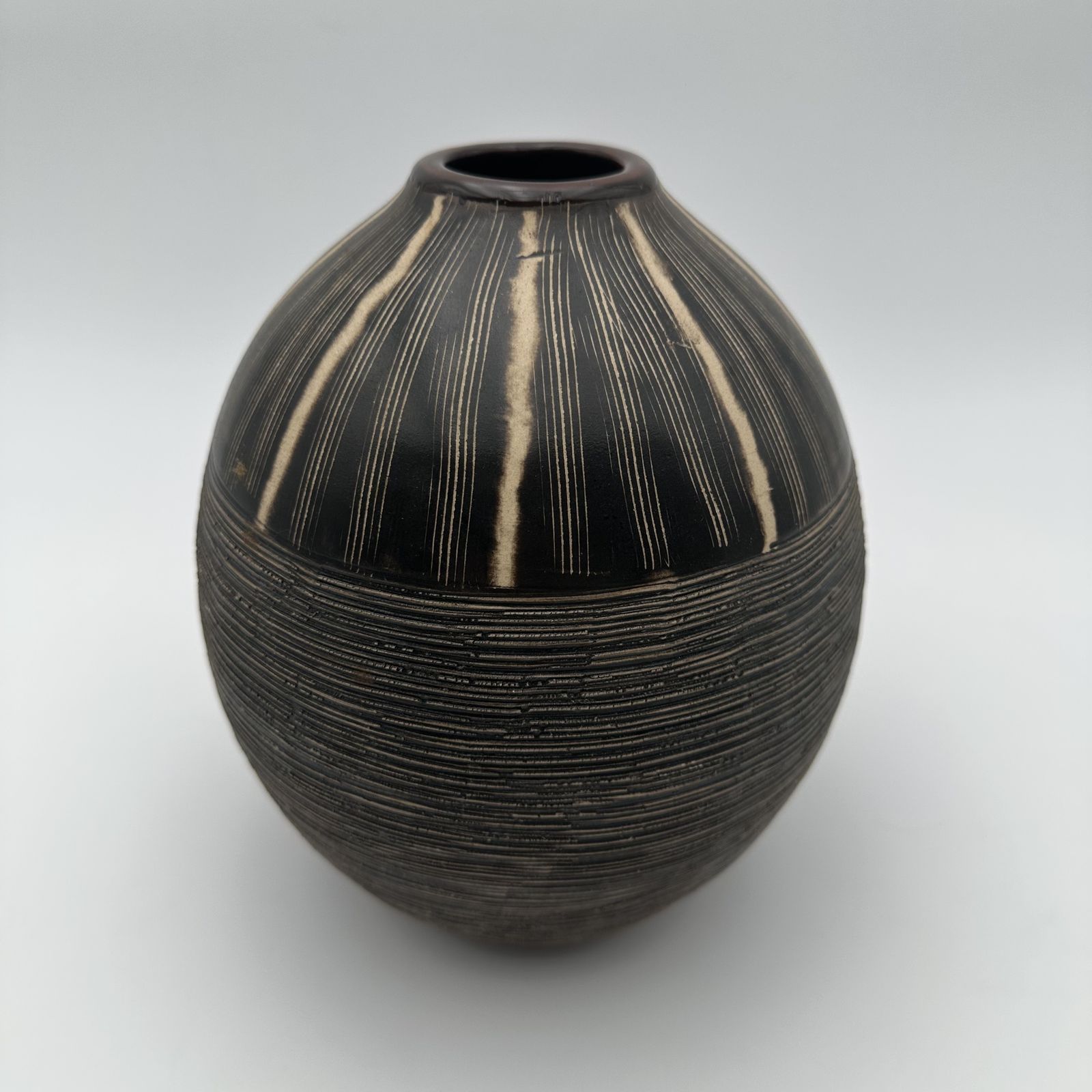 Black And White Ceramic Vase With Monogram Decoration – In The Style Of Jean Besnard, Circa 1950 photo vintage