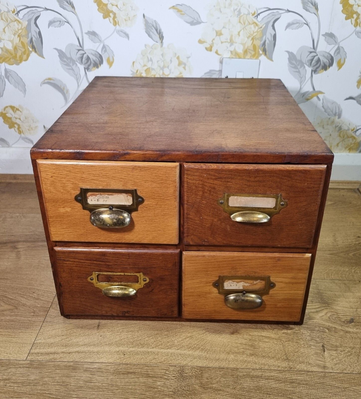 Vintage 4 Drawers Wooden Desk Table Top Storage Cabinet Index Card Filing Box