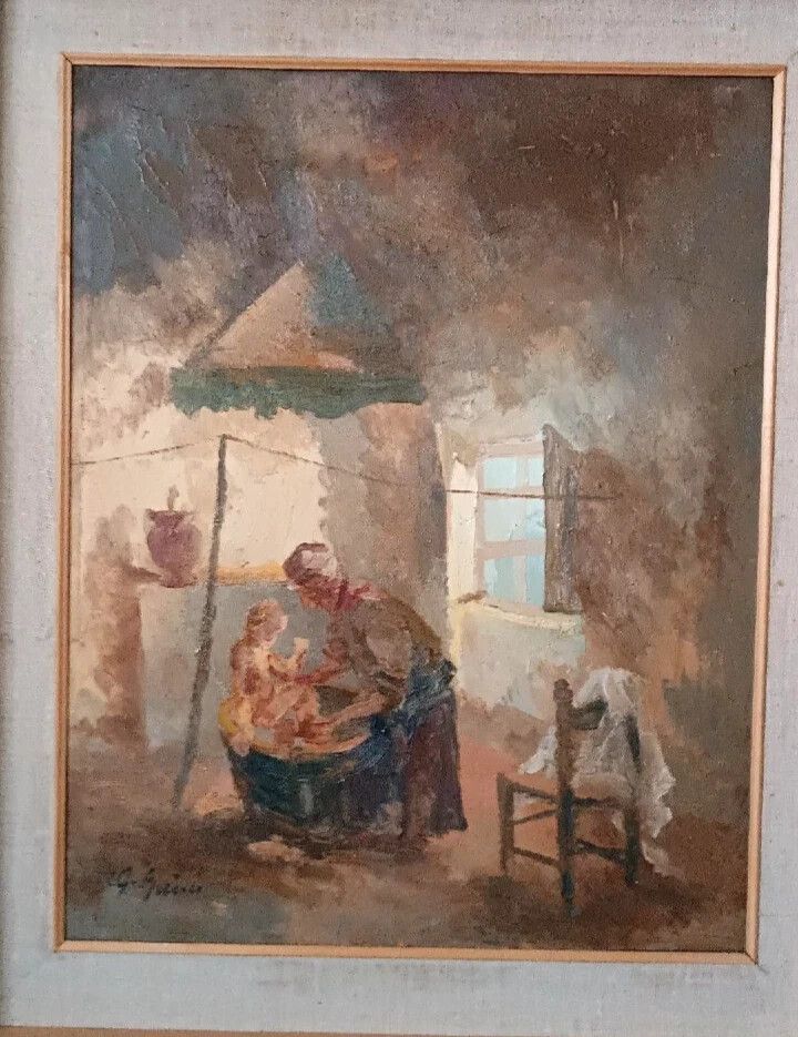 Interior Oil On Panel Painting By Guido Guidi, 1940s/50s photo for sale