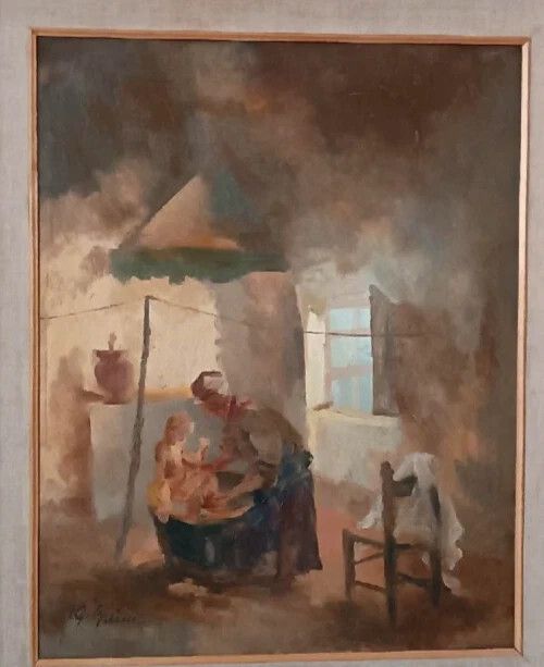 Interior Oil On Panel Painting By Guido Guidi, 1940s/50s photo Art