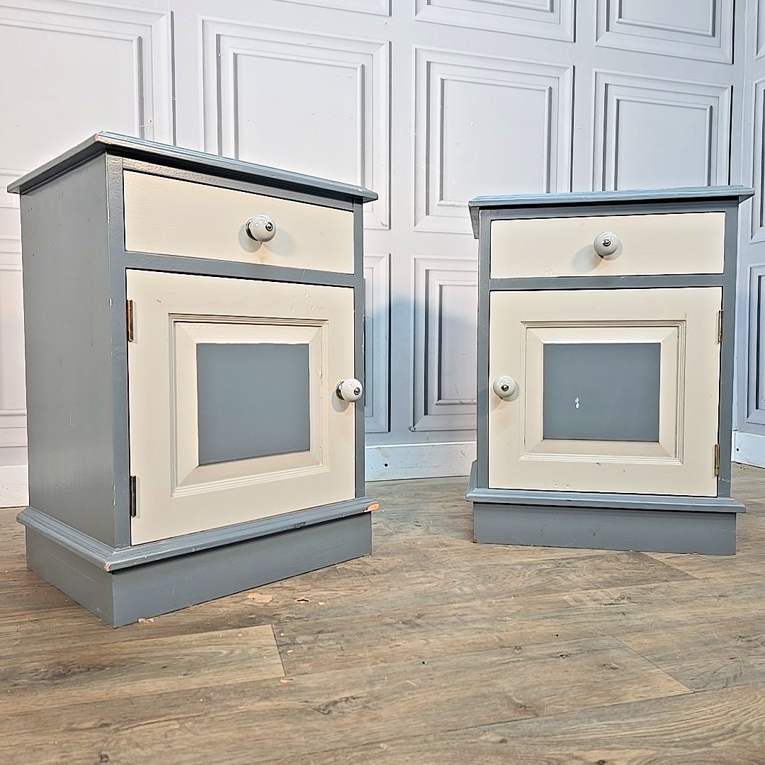 Pair Vintage Bedside Cabinets Painted Cupboards   Wood Pine Tables Drawers Retro