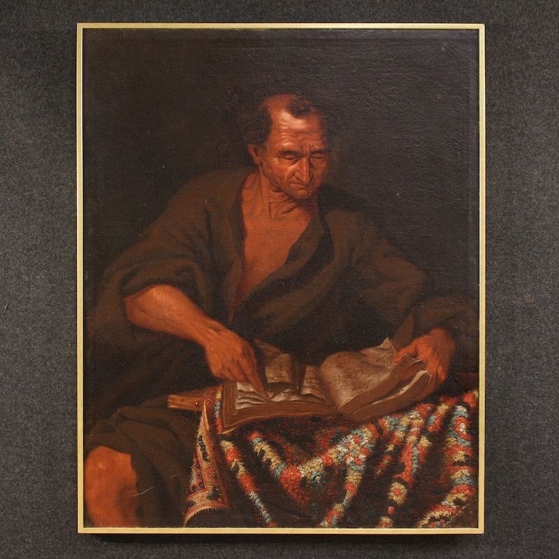 Tableau italien du XVIIe siècle, philosophe dans son cabinet