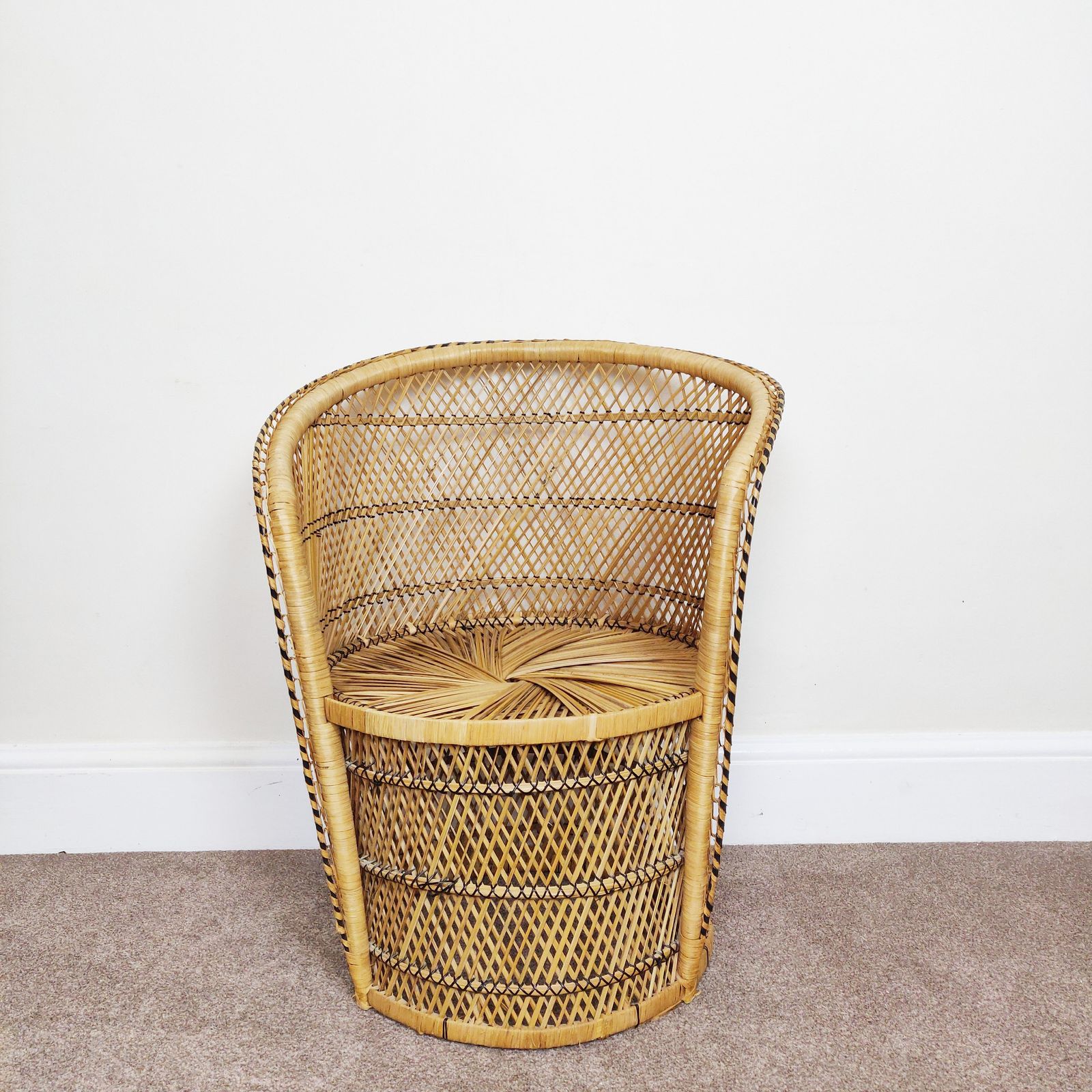 Vintage Bamboo Cane Low Back Peacock Chair, Wicker Tube Bucket Chair, Boho Tiki