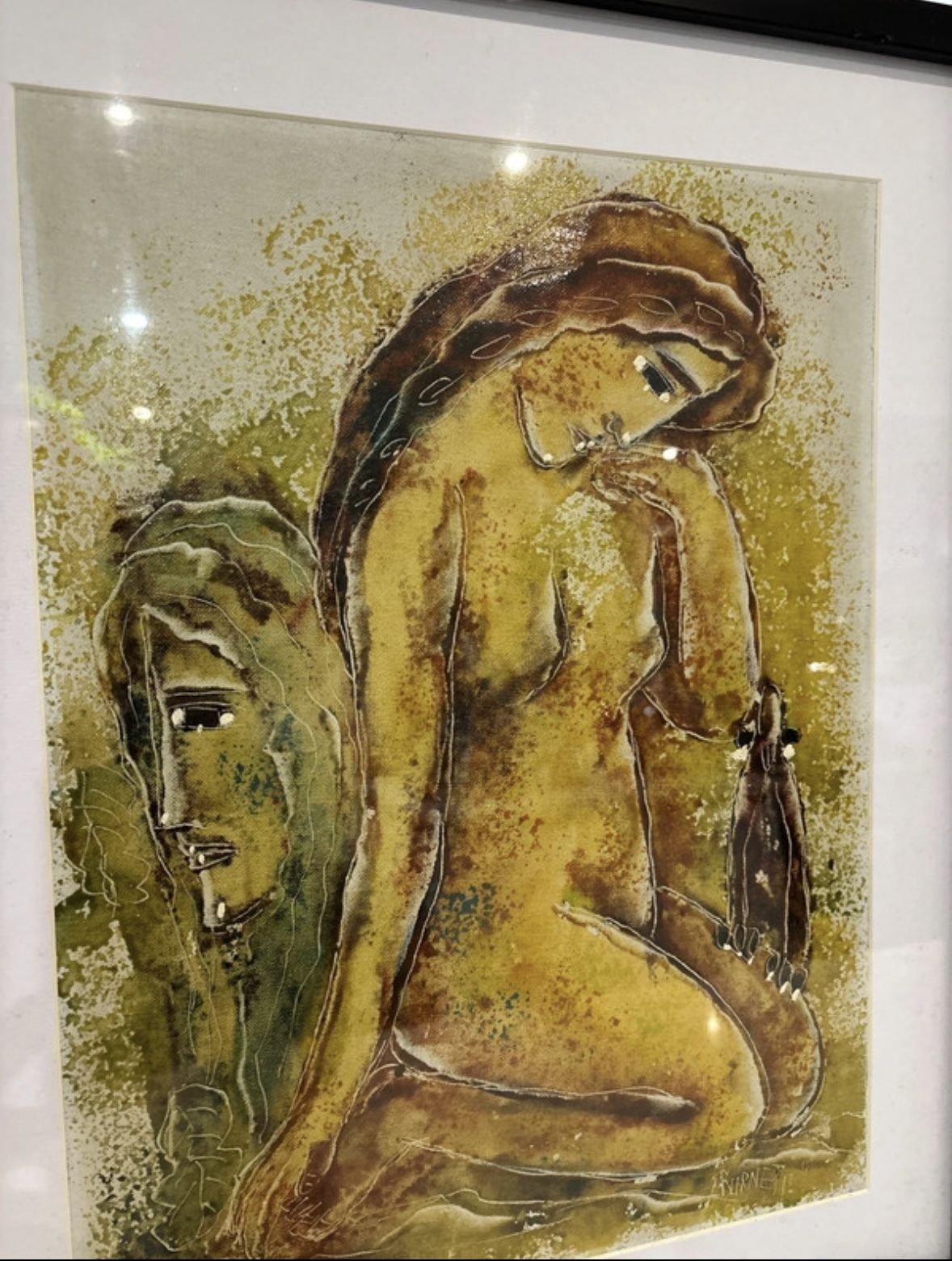 Mcm Calvin Burnett   Sgraffito Figural Painting Signed Oil On Canvas/Board photo for sale
