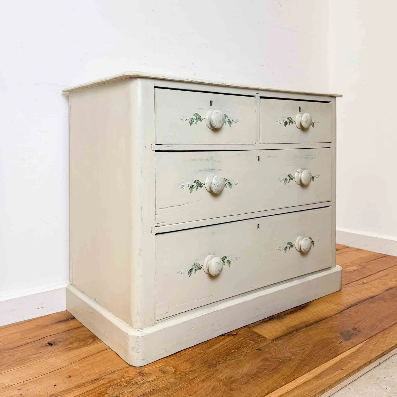 Painted Antique Pine Chest Of Drawers With Leaf Decoration photo for sale