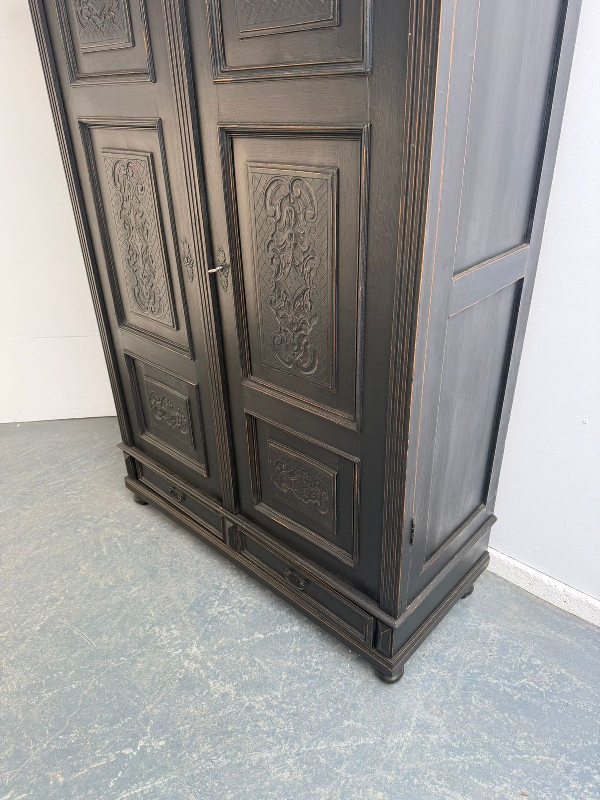 A Genuine Hungarian 1 Piece Painted Black Pine & Oak Hall Wardrobe photo for sale