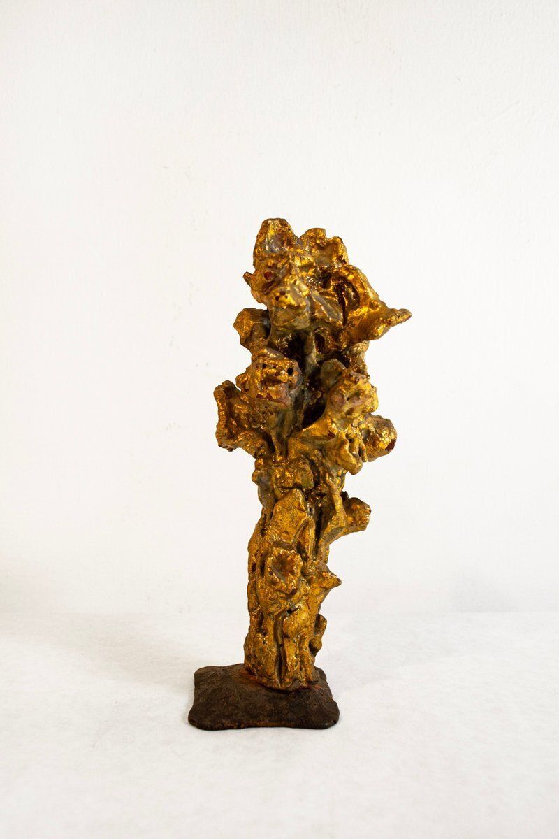 Vuurvergulde Terracotta Sculptuur Met Smeedijzeren Voetstuk Van Pozzi, Ca. Jaren 1950