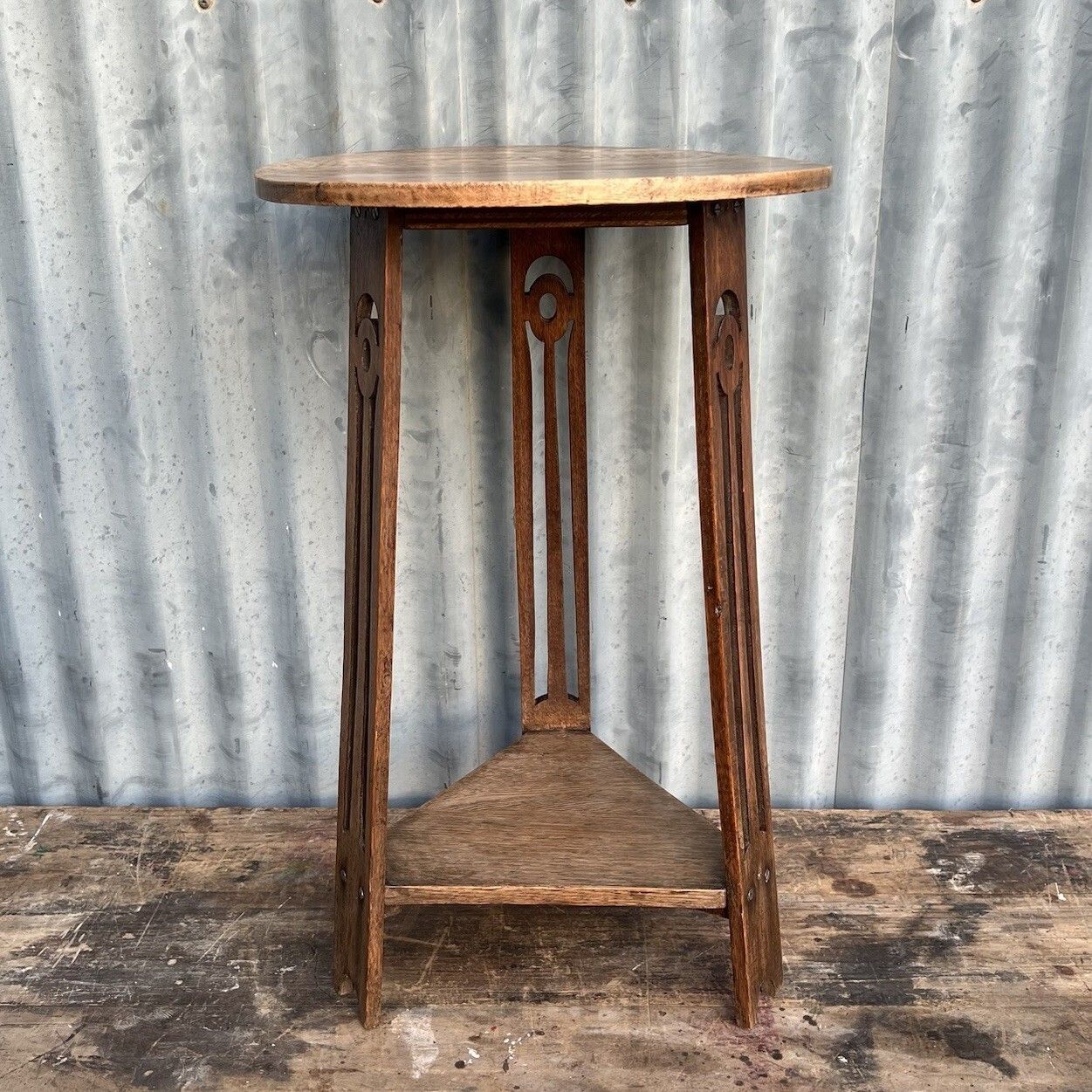 Antique Arts And Crafts Liberty Style Oak 3 Legged Side Occasional Lamp Table photo vinterior