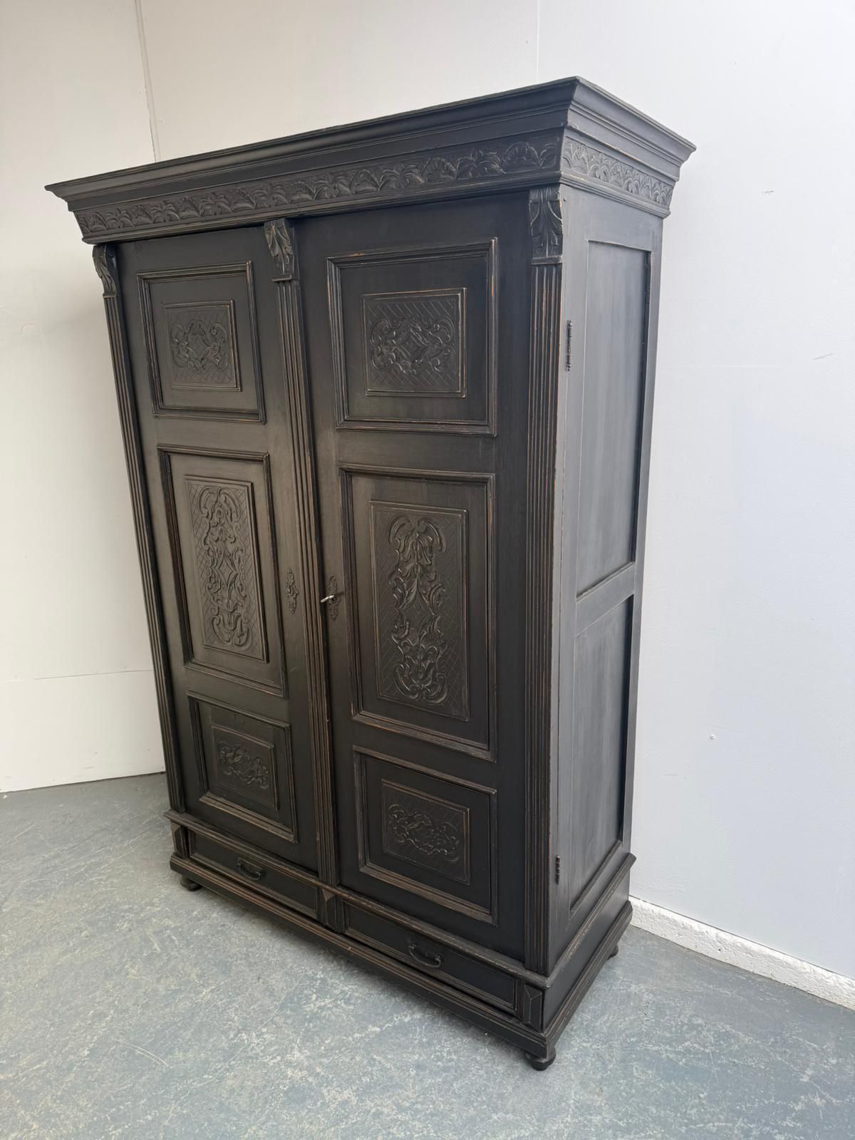 A Beautiful Hungarian 1 Piece Painted Black Pine & Oak Hall Wardrobe