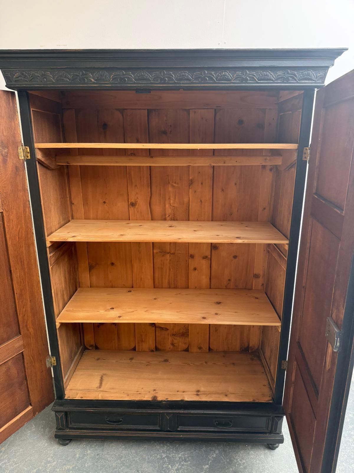 photo furniture A Beautiful Hungarian 1 Piece Painted Black Pine & Oak Hall Wardrobe