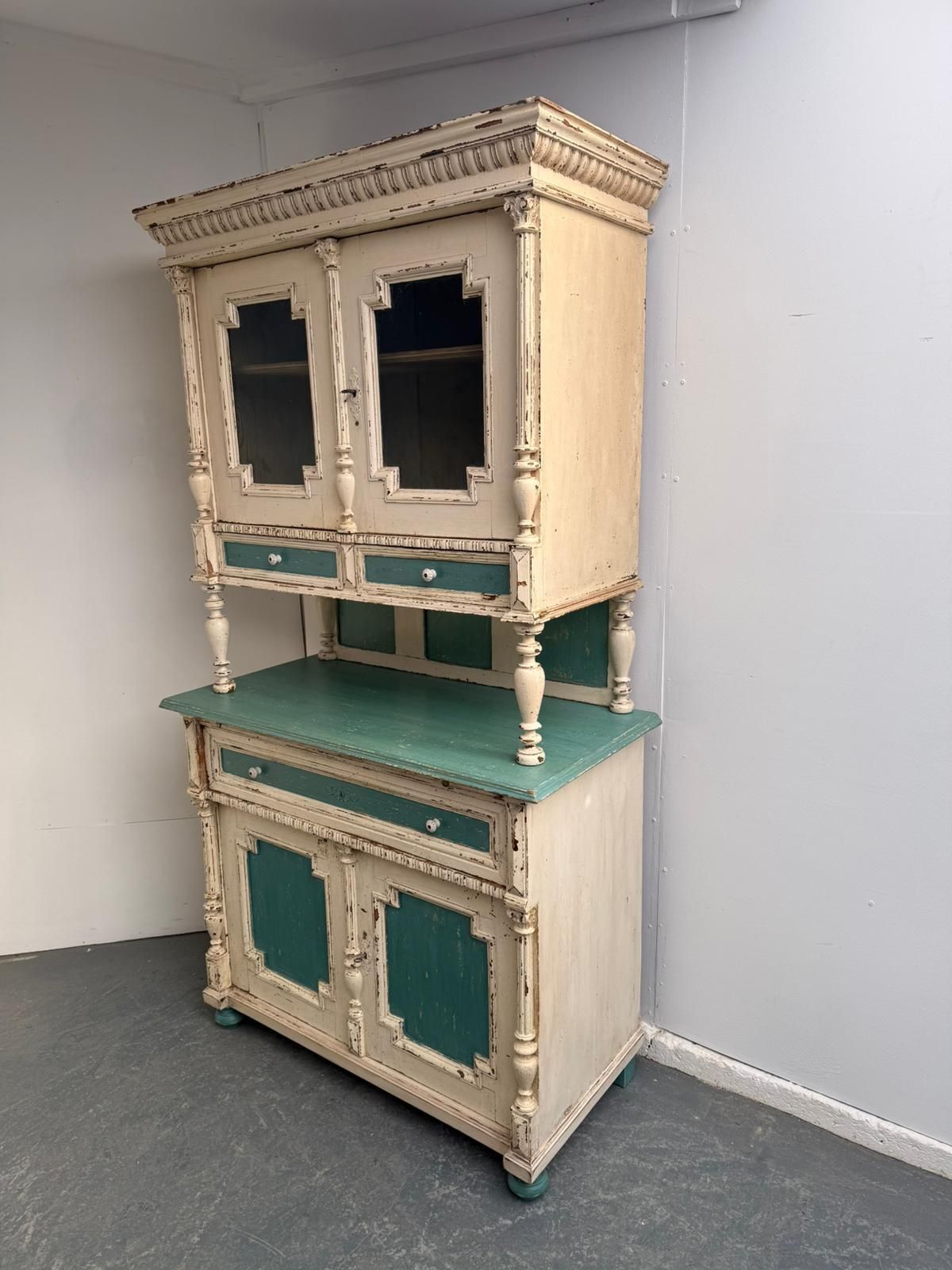 A Genuine Hungarian Original Painted Cream & Teal 2 Piece Victorian Dresser