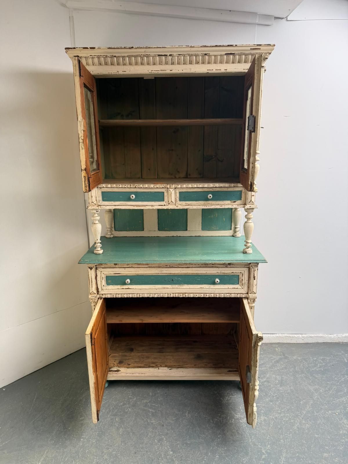 photo buy A Genuine Hungarian Original Painted Cream & Teal 2 Piece Victorian Dresser