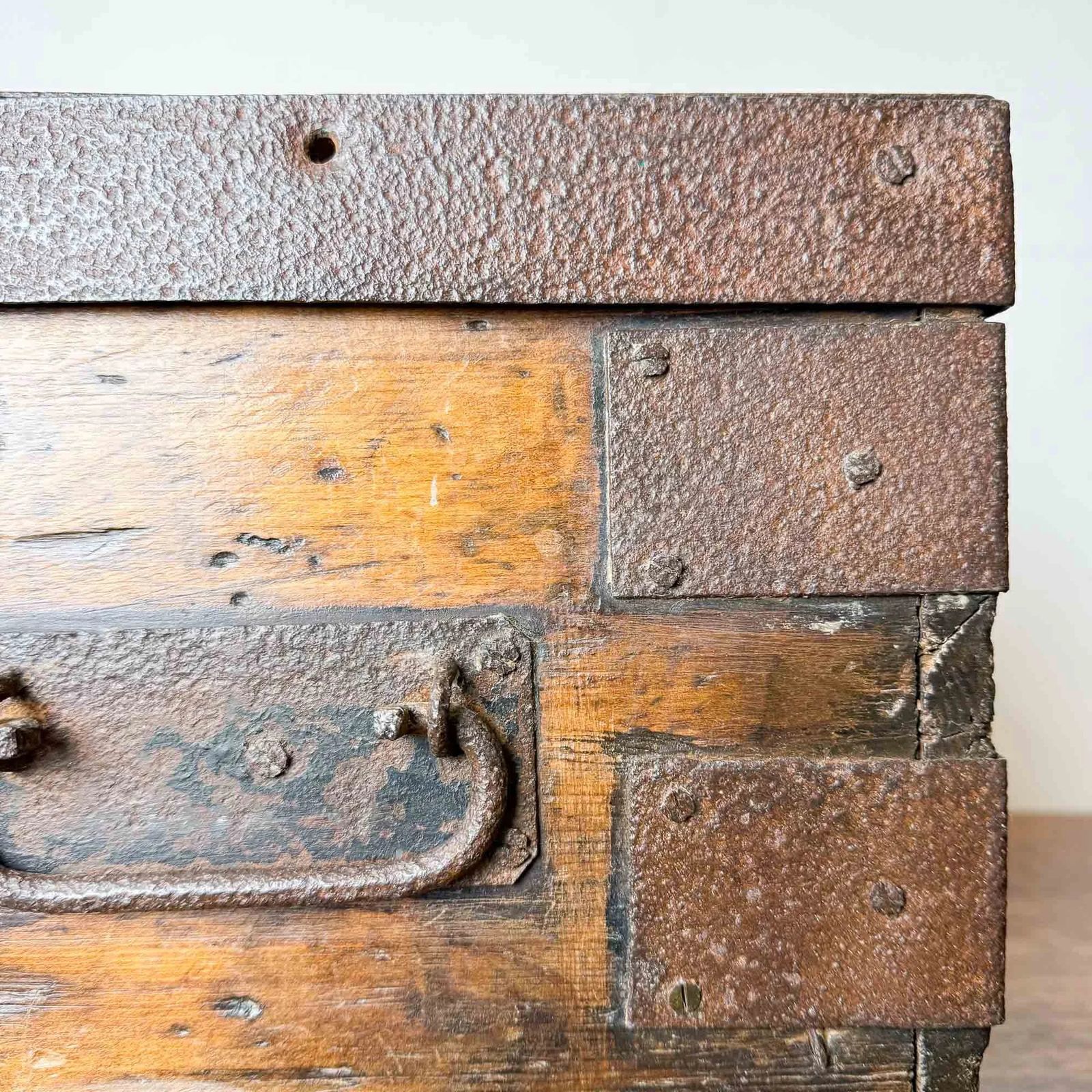Antique Elm And Pine Iron Bound Strongbox photo vinterior