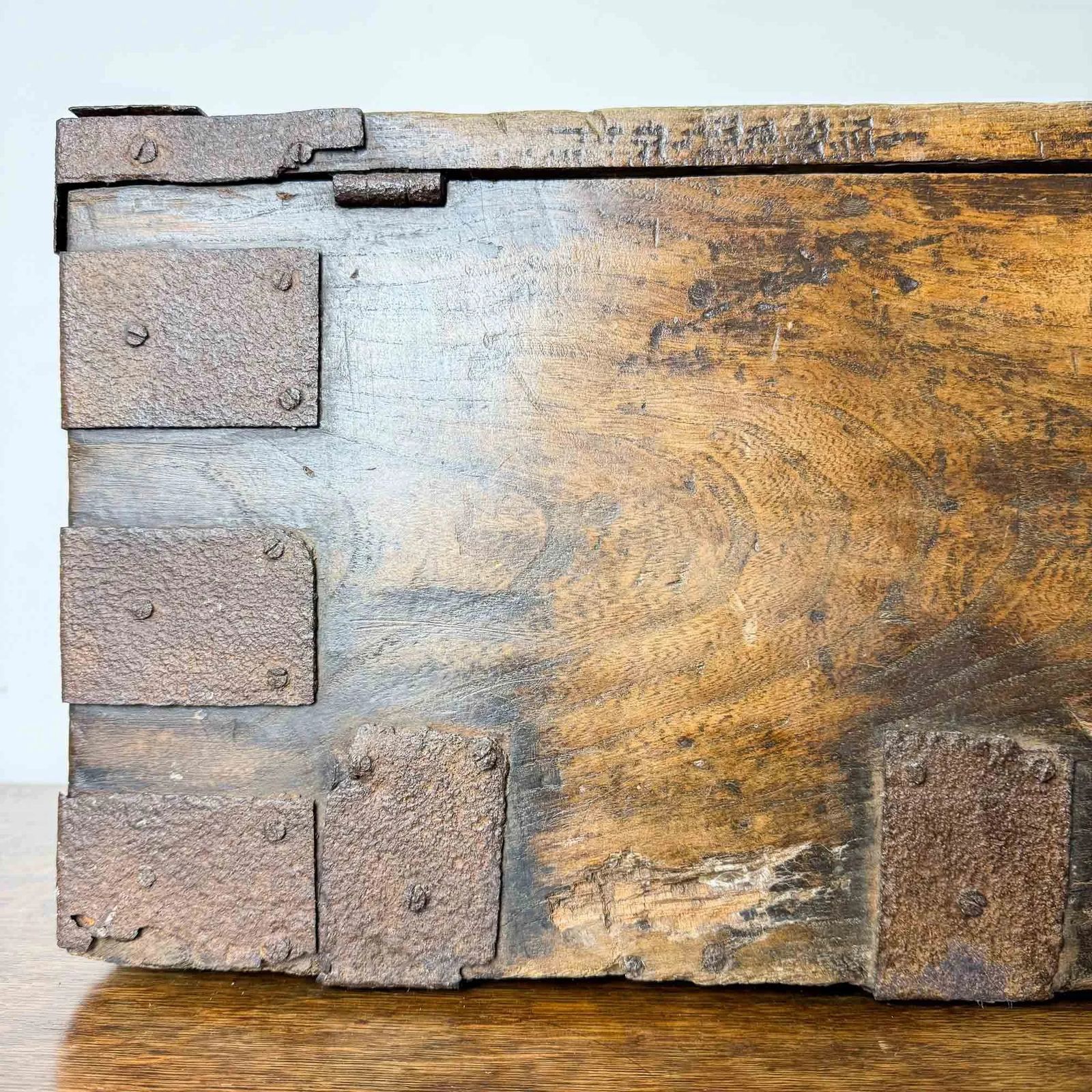 photo furniture Antique Elm And Pine Iron Bound Strongbox