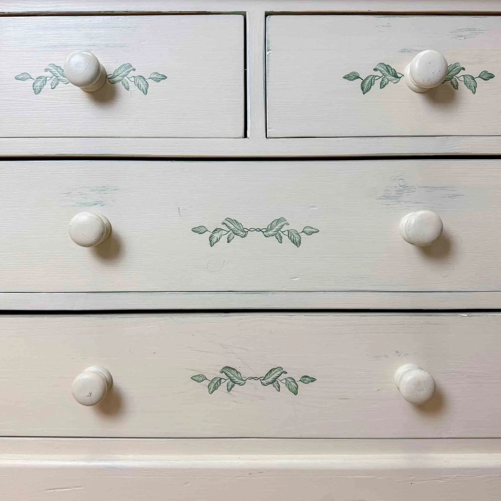 Vintage Painted Pine Chest Of Drawers With Leaf Decoration photo furniture