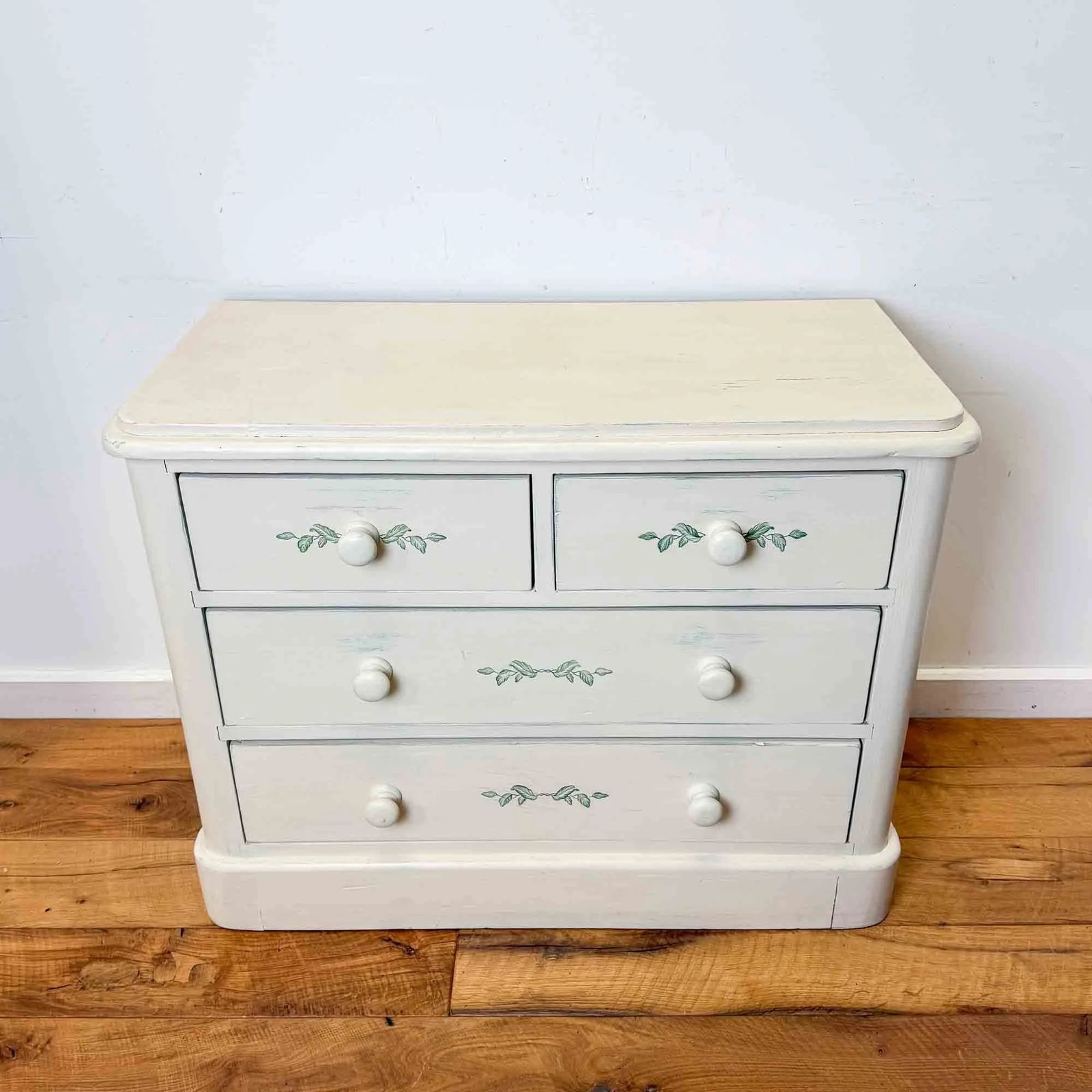 Vintage Painted Pine Chest Of Drawers With Leaf Decoration photo for sale