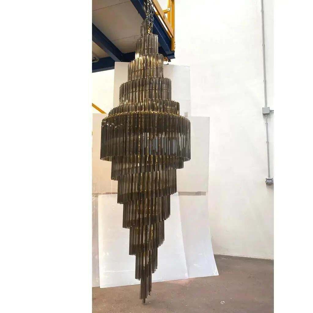 Mid Century Modern Oversized Contemporary Murano Glass Chandelier, “Quadriedro” Design In Fumé And Gold Twister photo furniture