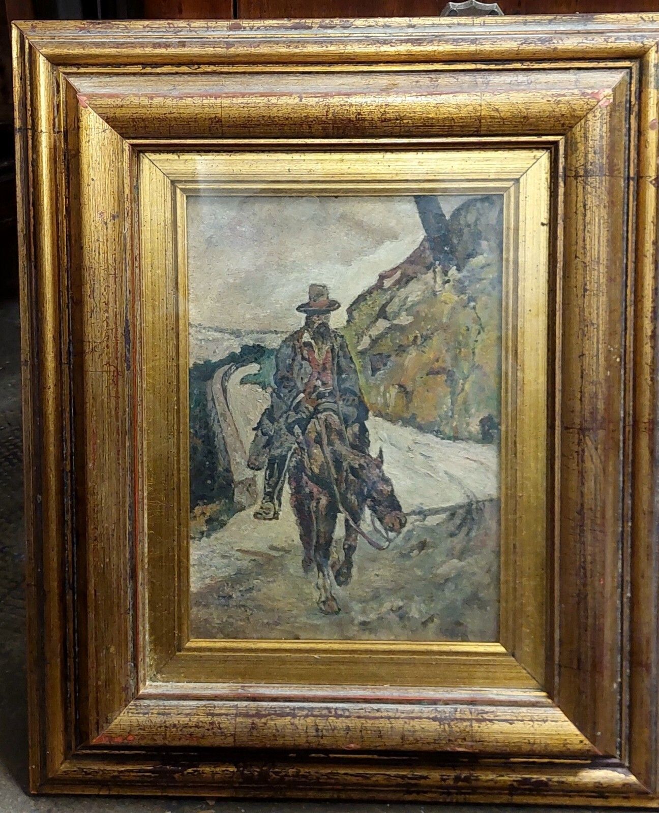 Antique Oil Painting On Hardboard Man On Horseback Post Macchiaioli Painting
